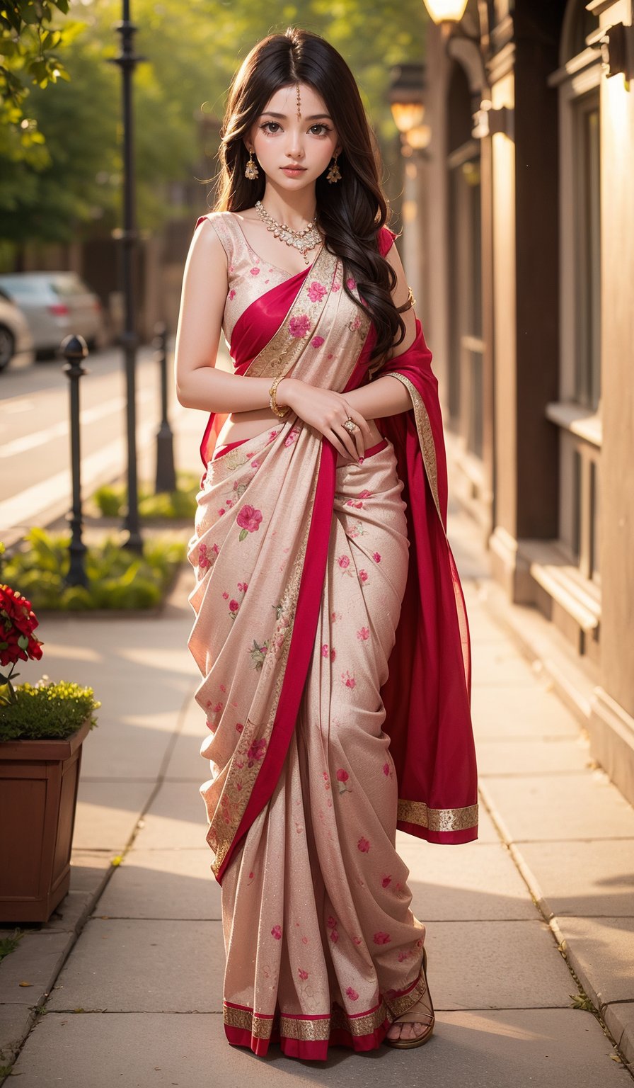 1girl, solo, long hair, black hair, dress, chiffon saree jewelry, earrings, necklace, blurry, see-through, floral print, ring, realistic, @imageized