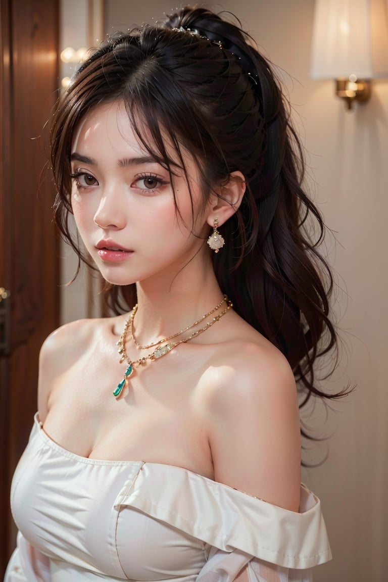 1girl, solo, looking at viewer, long hair, black hair, ponytail , dress, bare shoulders, brown eyes, jewelry, closed mouth, upper body, earrings, necklace, random color dress, lips, strapless, makeup, realistic