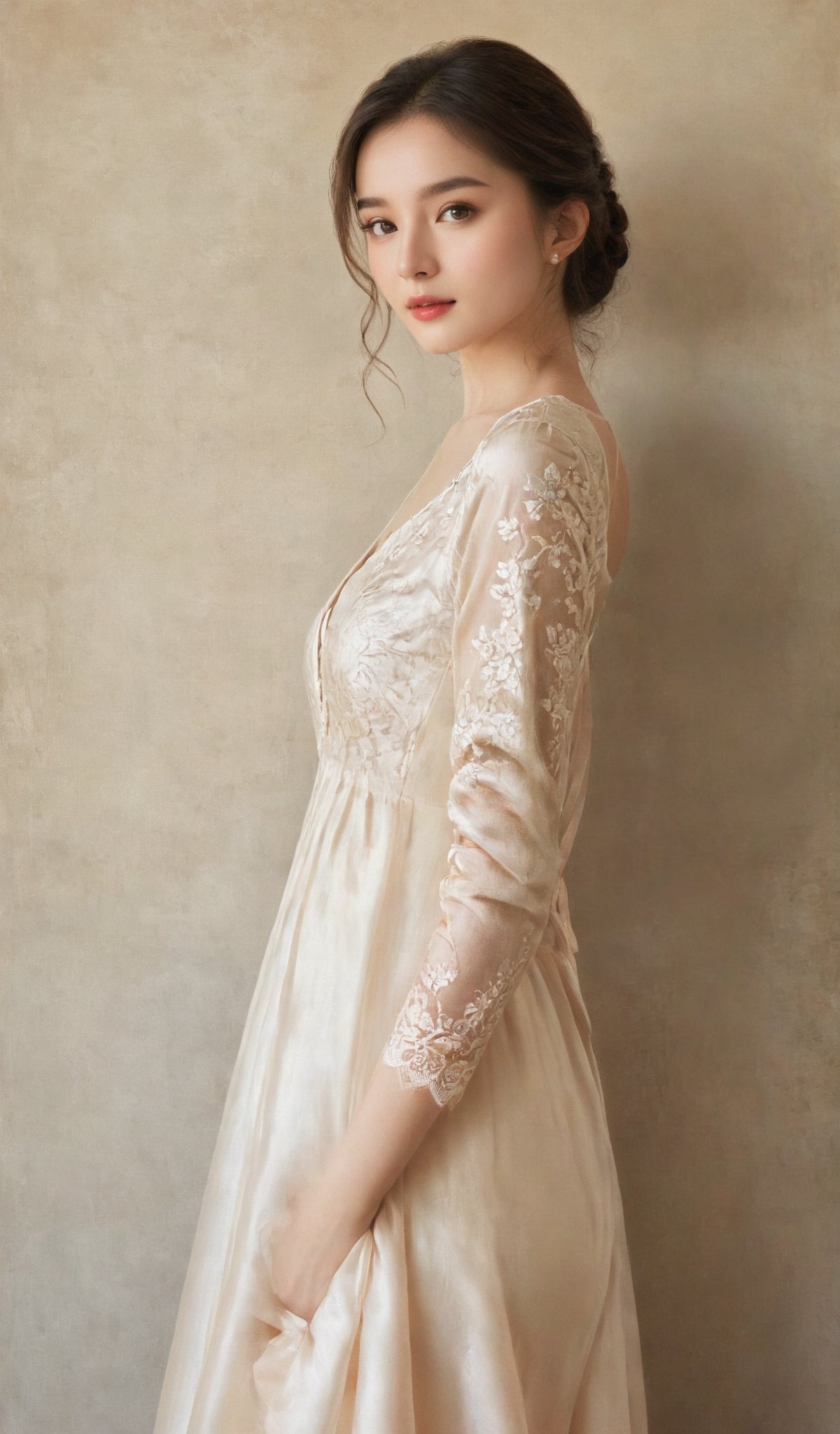 A stunningly beautiful girl, dressed in refined European clothing, is depicted in the height of summer's glow. Embrace the warmth and sophistication with a realistic and detailed composition, immersing the viewer in the exquisite textures of silk, satin, and lace, as they capture the timeless elegance of this enchanting moment.