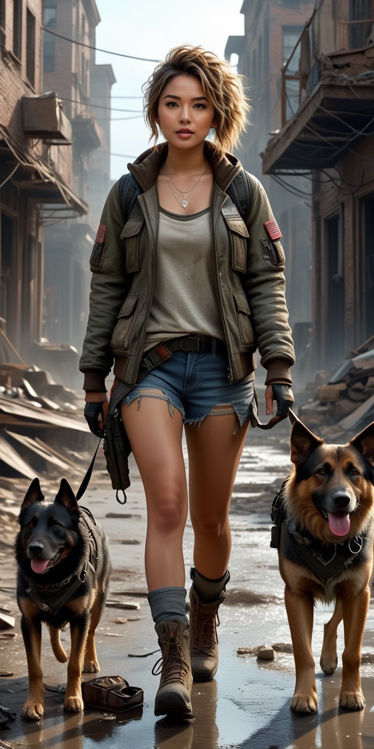 High resolution, extremely detailed, atmospheric scene, masterpiece, best quality, 64k, high quality, ((Full body)), SAM YANG, 1 woman, a survivor of post-apocalypse, walking her dog in the abandoned city, beautiful face with messy hair and gear, in the style of realistic and hyper-detailed renderings, detailed eyes, epic , dramatic , fantastical, full body , intricate design and details, dramatic lighting, hyperrealism, photorealistic, cinematic, detailed face EnvyBeautyMix23
