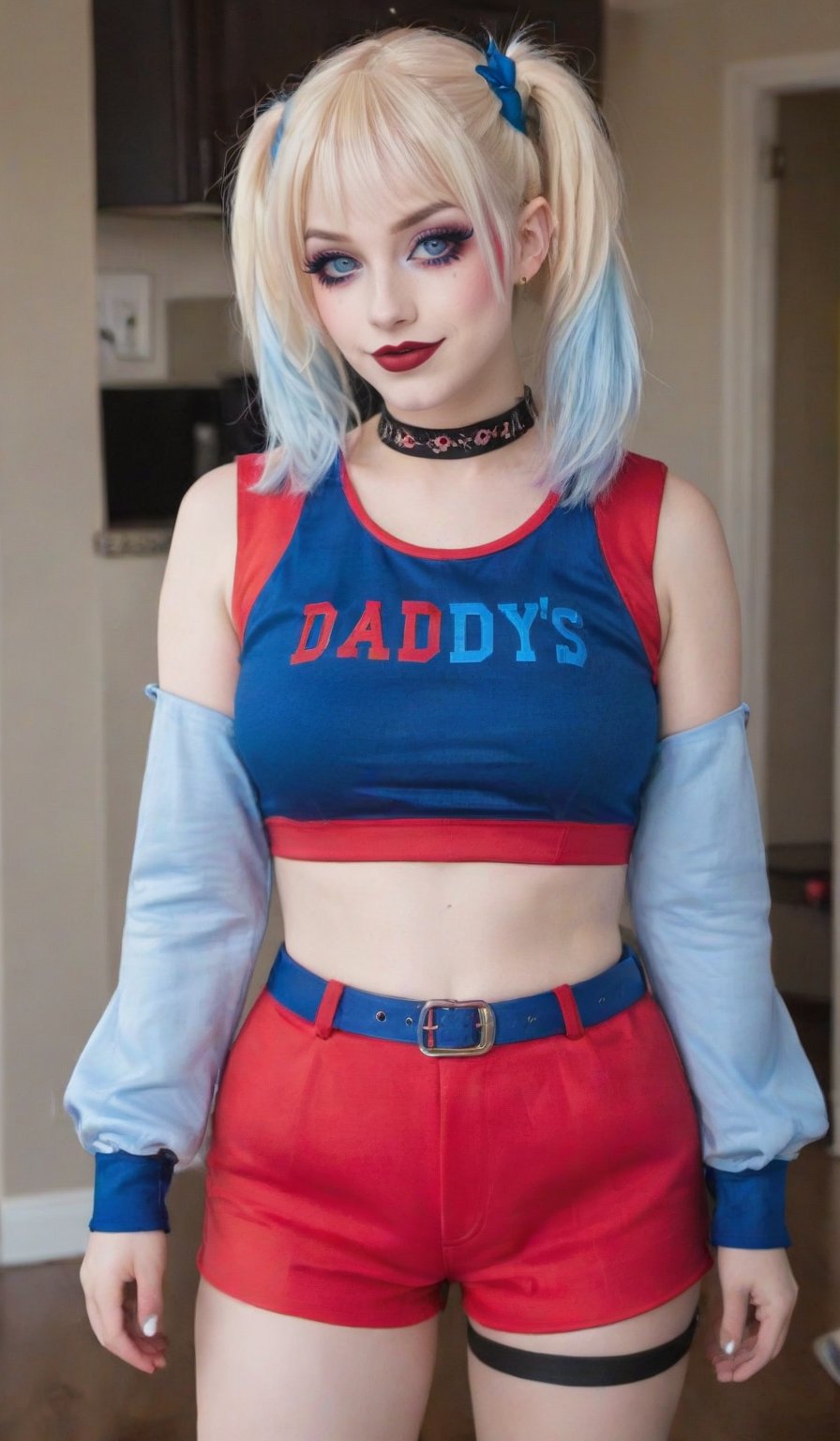 Here's a DIY Harley Quinn costume at home:

A close-up shot of a playful, mischievous face: A blonde wig styled in pigtails with blue and pink hair ties, red eyeshadow painted in a crescent shape on one eye, and blue on the other, with bold black eyeliner. The overall expression is sassy and playful.

The costume consists of a white baseball tee with bright red sleeves, emblazoned with the phrase Daddy's Lil' Monster written in bold black marker. Red and blue shorts, either homemade or store-bought, are worn underneath, featuring a half-and-half effect where one side is red and the other is blue.

The outfit is topped off with fishnet stockings, a studded belt cinched around the waist, and high-top Converse shoes that add to Harley's edgy, rebellious vibe.