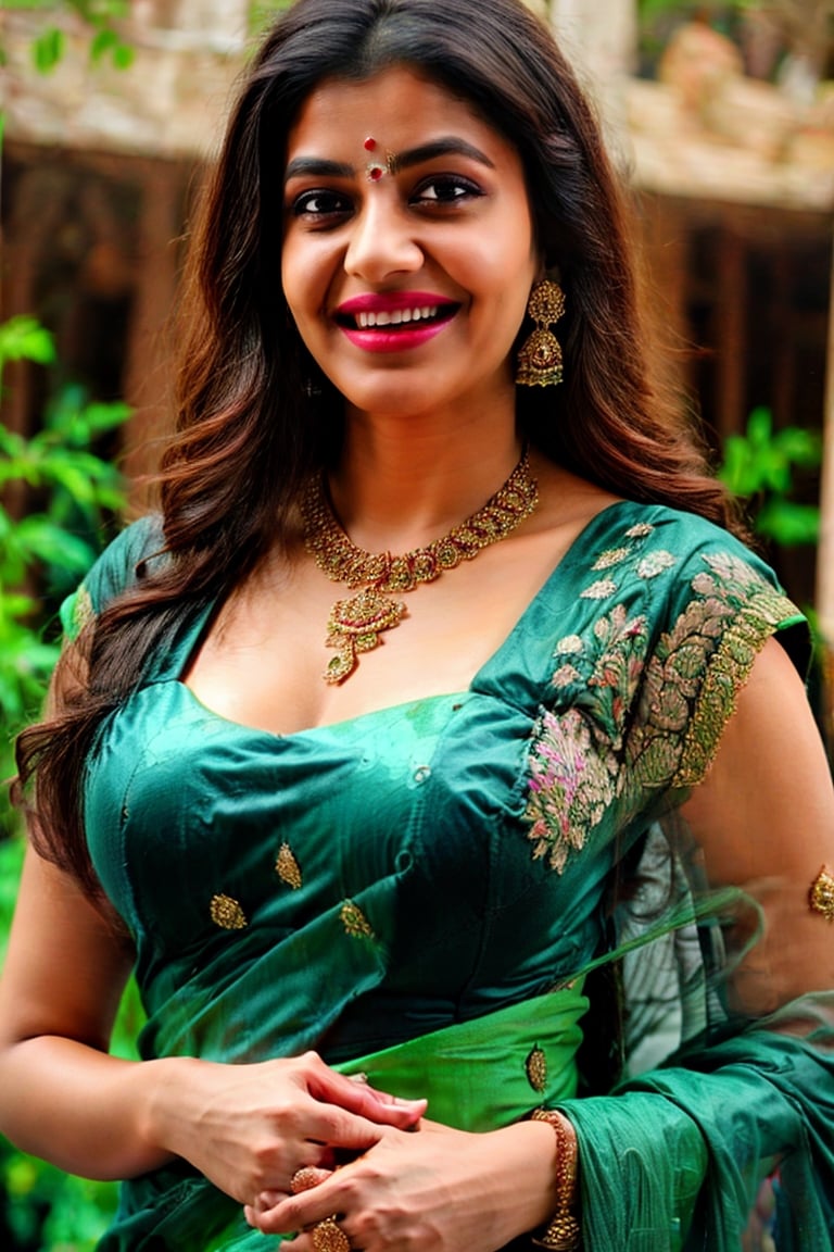 beautiful chubby and curvy, big boobs, big cleavage, detailed_background , 32k , 8k , masterpiece , 
high_resolution , beautiful , black_long_hairs ,women wearing indian ornaments, standing near 
temple happy laugh must be traditional full saree, the saree should be full of work with bridal 
designs, full blouse, saree must be like Seethas saree like south Indian wear. black round black bindi 
on left cheek