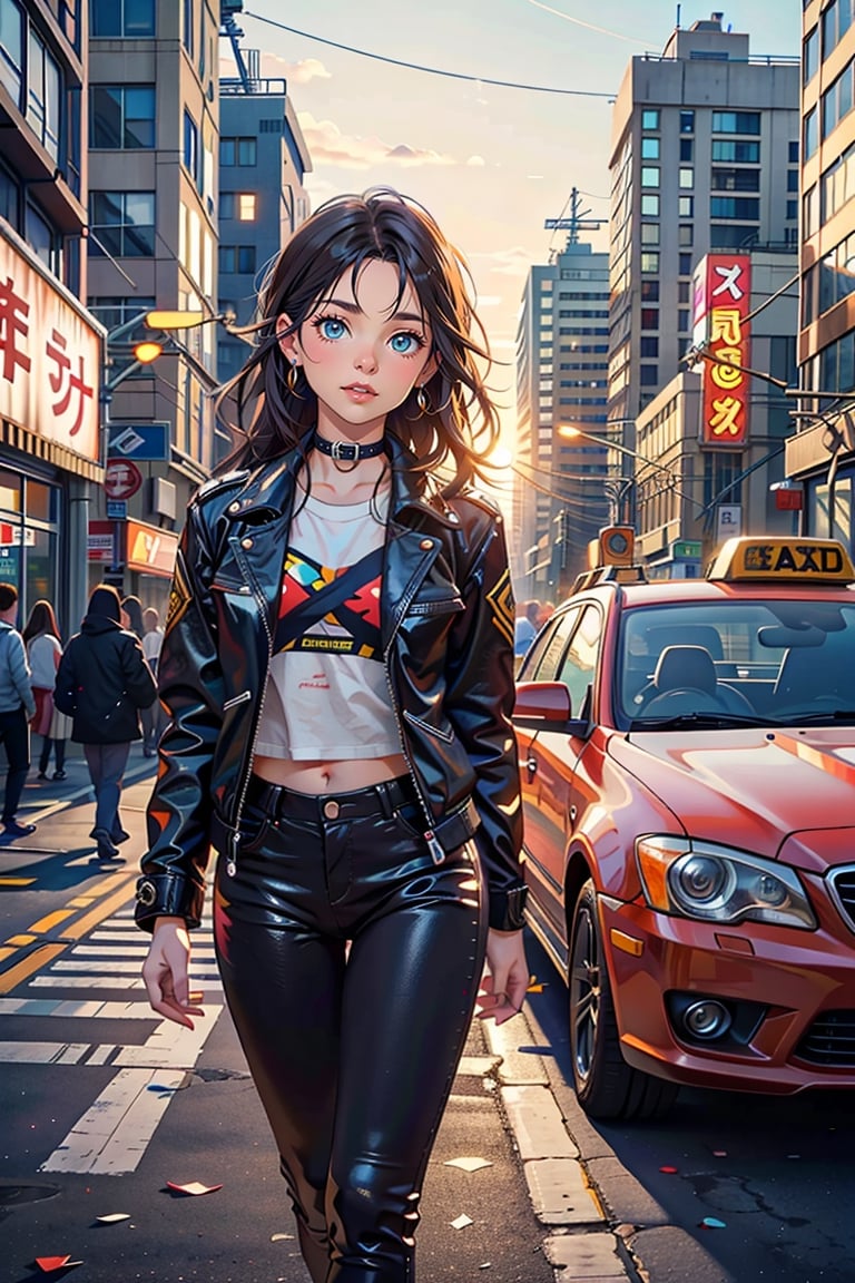 A fashionable and determined girl, adorned with tech-infused accents, stands in the twilight unexpectedly leaving her busy world behind, her eyes fixed on the distant neon lights of an approaching futuristic taxi, surrounded by a chaotic cityscape of neon pinks and greens in various shades of punk and gritty texture, reflecting her mood of anticipation and the subsequent minimalist simplicity of arriving at her destination in style and comfort within the pop art-inspired taxi cab's metallic and sculpted walls. Halogen beams pierce the stealthy shadows of the city, framing her sleek attire and paint a vivid picture of a blend of realistic street style contrasting with a sci-fi setting.
