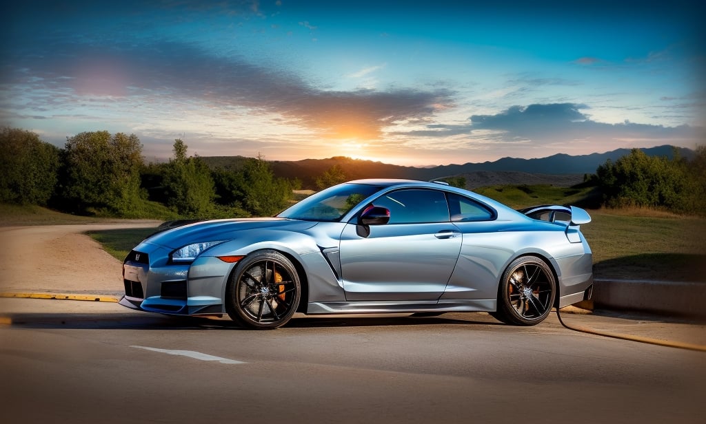 Amidst the endless expanse of a desolate highway, a solitary hyper-realistic figure faithfully navigates the shimmering contours of a maze-like Nissan,SKYLINE GTR . Colors,silver with blue, ephemeral, and entrancing geometric Abstract & Conceptual patterns devour the asphalt, seamlessly merging into the nebulous landscape around them. As the sun sets, the Psychedelic sky ignites in a fiery blaze of oranges and purples reflecting off the bilious Craft Art Déco livery of the vehicle.In the grips of this electrifying spectacle, the equilibrized driver demonstrates an inexplicable kinship with the machine, escalating their symbiotic union iridescently within the elusive confines of the Futuristic & Sci-Fi Conceptual highway, oblivious to the phantasmic detritus of time surviving only within the artistic realms of Abstract & Conceptual expression.