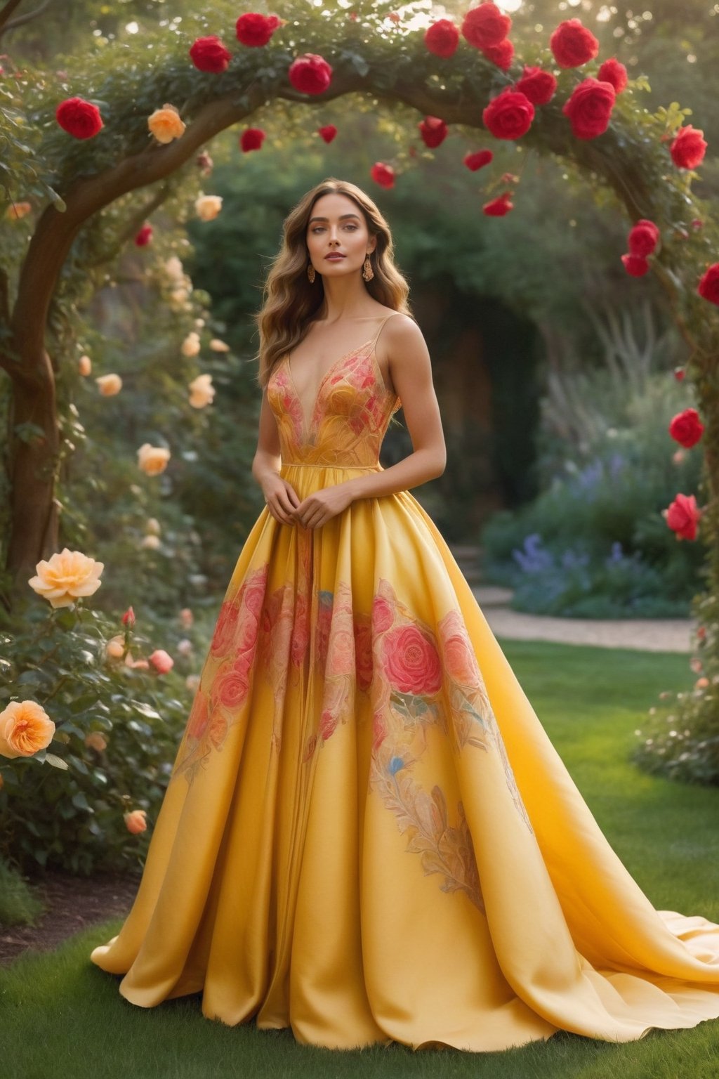 In an Art Nouveau-inspired setting, a young woman in an elegant dress, adorned with flowing floral motifs, tenderly plants a blooming rose tree in her enchanting, abstract backyard filled with whimsical, intertwining flora and fauna. The tree's vibrant petals emit kaleidoscopic hues, symbolizing growth, hope, and transformation.