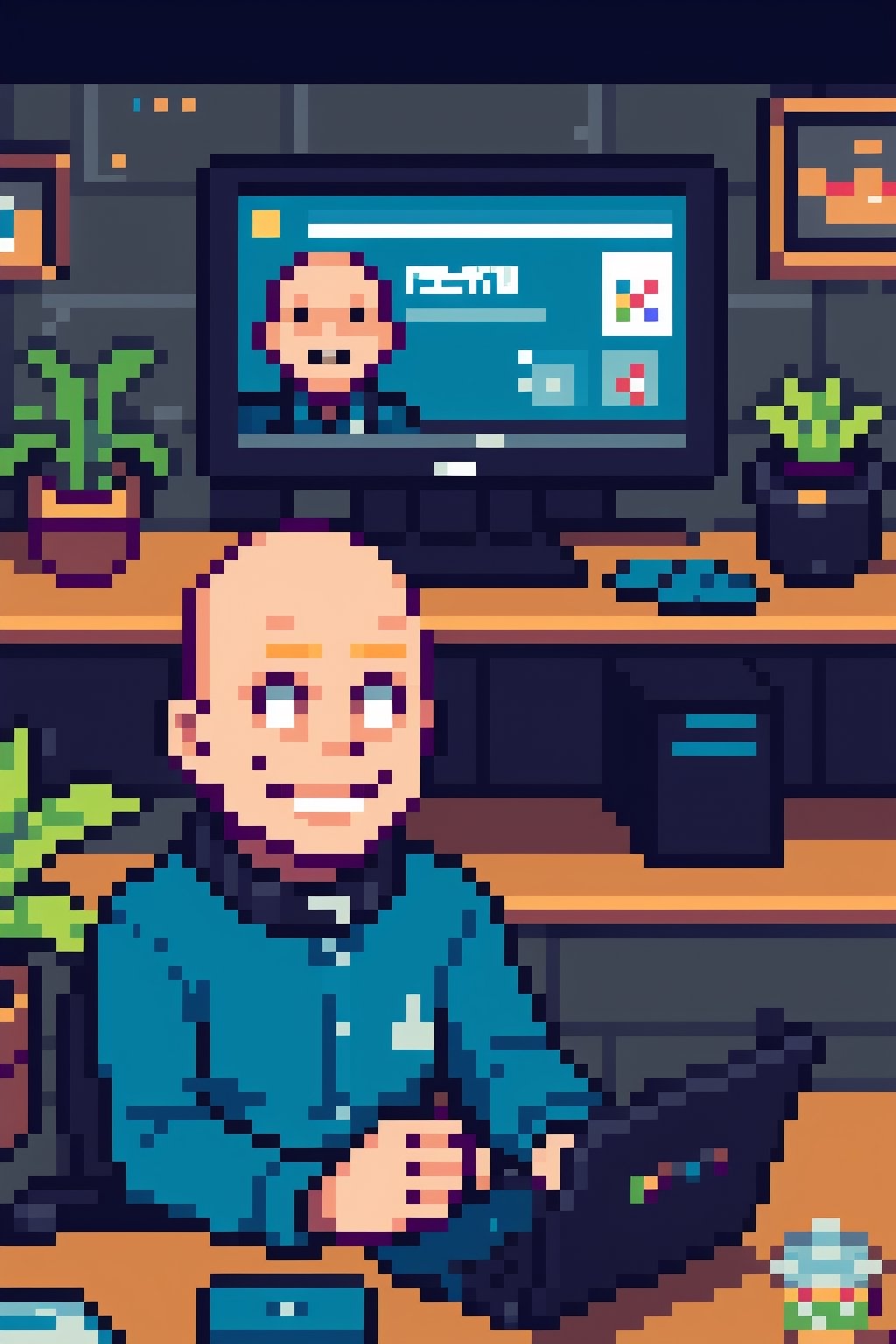 high quality, snes style, office, potted plants, interior, desk, laptop, person working in front of pc, front view, happy face,Thumb signal, blockchain, happy bald man, smiling bald man, man sitting working,Pixel art, colorful, colors, bright colors, shirt, hand, Thumb signal
,collar,mw_pixels, 3/4 face view, blockchain