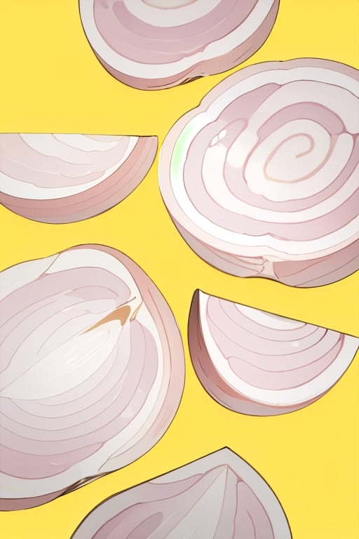 high quality, cartoon, patterns, module, slices onions, open onions, many slice oniones, cut onions, yellow background, no leaves, overhead shot
