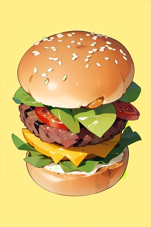 high quality, cartoon, steak burger, yellow background, overhead shot, no bread, no tomatoes, no letucce

