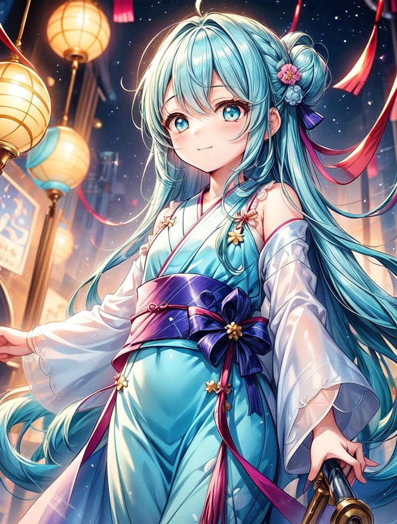 masterpiece, best quality, extremely detailed, (illustration, official art:1.1), 1 girl ,(((( light blue long hair)))), ,(((( light blue long hair)))),light blue hair, long hair ((blush)) , cute face, big eyes, masterpiece, best quality,(((((a very delicate and beautiful girl,))))),Amazing,beautiful detailed eyes,blunt bangs、((((little delicate girl)))),tareme(true beautiful:1.2), sense of depth,dynamic angle, ,flat chest, Tanabata、Top quality, masterpiece, Hikoboshi and Orihime, best smile, looking up at the sky, yukata, Milky Way, night view, Tanabata Festival, large tall bamboos and colorful hanging decoration,gold light particles effect、Starry sky
