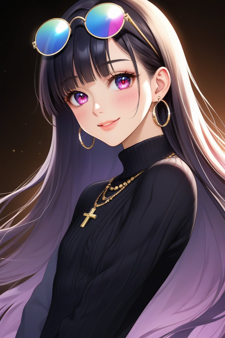 masterpiece, best quality, extremely detailed, (illustration, official art:1.1), 1 girl ,(((( light black long hair)))), ,(((( black long hair)))),, long hair ((blush)) , cute face, big eyes, masterpiece, best quality,(((((a very delicate and beautiful girl))))),Amazing,beautiful detailed eyes,blunt bangs(((( little delicate girl)))),tsurime, sense of depth,dynamic angle,,,, affectionate smile, (true beautiful:1.2),,(tiny 1girl model:1.2),)(flat chest) ,Rainbow Style, One Girl, alone, Long Hair, Big round sunglasses on your head, View your audience, Glowing Eyes Background, jewelry, Mouth closed, Happy, Jacket, Upper Body, Earrings,  necklace, From the side, sweater, lips, eyelash, Compensate, Wavy Hair, Earrings, cross, lipstick, ear Earrings, eye shadow, hoop Earrings, pink lips, Variegated eyes, Theme, , tattoo, Dark Background