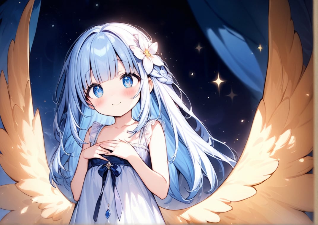 masterpiece, best quality, extremely detailed, (illustration, official art: 1.1), 1 girl, (((light blue long hair))), ((blush)), cute face, big Eyes, masterpiece, best quality, (((a very delicate and beautiful girl))))), amazing, beautiful detailed eyes, blunt bangs ((((little delicate girl))), ((tareme))), droopy eyes. (true beautiful: 1.2), sense of depth, affectionate smile, (true beautiful: 1.2), (tiny 1girl model: 1.2), (flat chest),((Girl floating in the starry sky))、((Multiple Bubbles))、((Beautiful girl in the middle))、((The girl has big wings))、((The girl closes her eyes and smiles gently))、((She has her hands on her chest))((she is wearing a dress))
