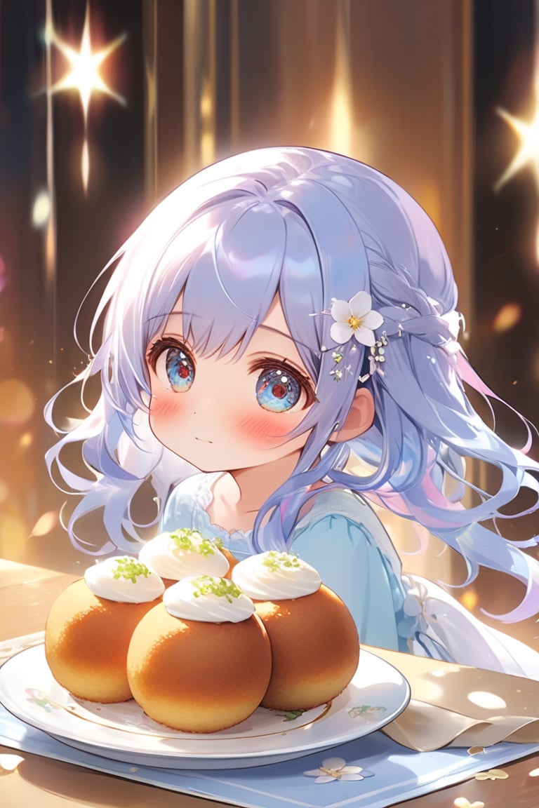 masterpiece, best quality, extremely detailed, (illustration, official art: 1.1), 1 girl, (((light blue long hair))), ((blush)), cute face, big Eyes, masterpiece, best quality, (((a very delicate and beautiful girl))))), amazing, beautiful detailed eyes, blunt bangs ((((little delicate girl))), ((tareme))), droopy eyes. (true beautiful: 1.2), sense of depth, affectionate smile, (true beautiful: 1.2), (tiny 1girl model: 1.2), (flat chest),score_9, score_8_up, score_7_up,source_anime, high res image,masterpiece,best quality（cuteness：1.2）（impactful：1.3）（Deliciousness：1.5）（hightquality：1.2）（a beauty：1.3）（depth：1.2）The colors are unified in brown and red.、Emphasis on warmth and richness。（vividness：1.2）,eating,(((croquettes, delicious croquettes,)))