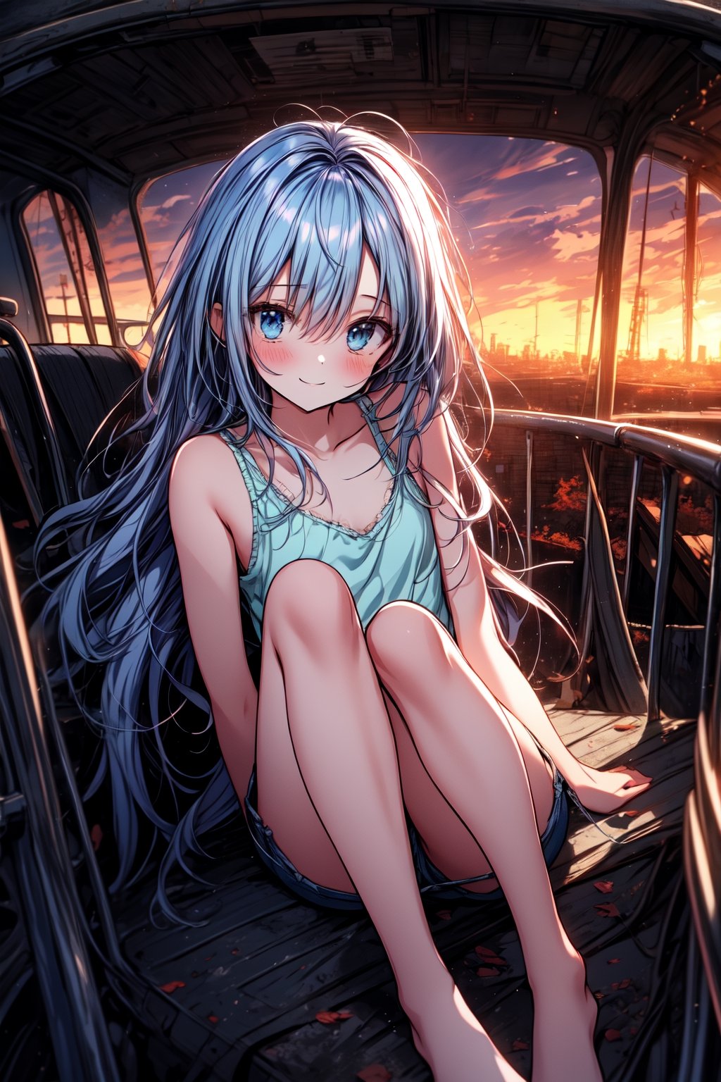 (masterpiece, best quality, extremely detailed, absurdres)), masterpiece, best quality, extremely detailed, (((light blue long hair))), long hair cute anime faces, detailed light, parted lips, shiny, beautiful detailed face, long hair, pale long hair, smile, looking at viewer, jewelry, lips, beautiful, expressive face, 1girl, solo, flat chest, blush, bangs, super fine illustration, 8k wallpaper, (photo background: 1.3), beautiful, (vivid: 1.4), colorful lighting, breathtaking beauty, breathtaking art, (anime style: 1.3),raw photo,masterpiece, award winning, (abandoned amusement park:1.3), overgrown, misty morning, rusty roller coaster, faded colors, eerie silence,BREAKurban exploration, decay,full body, nature reclaiming, plant growth,evening, sunset,An abandoned amusement park at dusk, with rusting roller coasters and silent merry-go-rounds, overtaken by nature and crawling with ais-spiderz, creating a hauntingly beautiful yet eerie scene 、smile, happy、In an anime style, 1girl, short black hair, blue eyes, wearing plain white tank top, denim shorts, garter belts, city, absurdres, high res, ultrasharp, 8K, masterpiece, looking at viewer