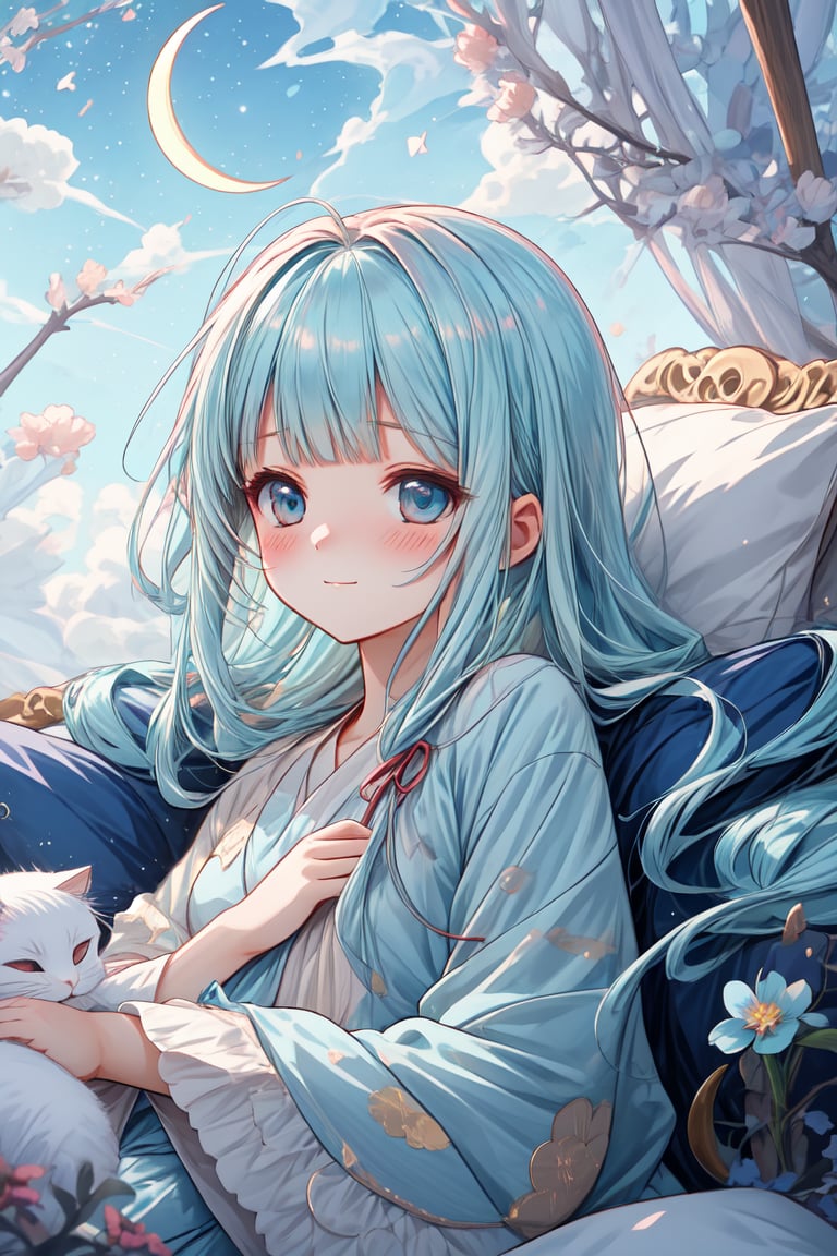 masterpiece, best quality, extremely detailed, (illustration, official art:1.1), 1 girl ,(((( light blue long hair)))), ,(((( light blue long hair)))),light blue hair,loli, long hair ((blush)) , cute face, , masterpiece, best quality,(((((a very delicate and beautiful girl))))),Amazing,beautiful detailed eyes,blunt bangs((((little delicate girl)))),tareme(true beautiful:1.2), sense of depth,dynamic angle,,,, affectionate smile, (true beautiful:1.2),,(tiny 1girl model:1.2),)(flat chest), complex background, wishing star background, a magical scene with shining stars and dreamlike elements, conveying the idea that the magic of Christmas awakens sleeping dreams. Make sure the elements give a dreamy feel. in bed, There are a lot of pillows, dreamy, comfortable, night time, crescent moon, Quiet nights,Comfortable beds,Cosy bedroom,Serene expression,Lightweight dressing gown,gentlesoftlighting,dreamlike scenes,Cloud-like pillows,Starry curtain, portrait、 ☁🌙, ,Embryo,Sleep comfortably, Sleeping Girl,nightcore, Anime girl sleeping with cat in clouds with stars,
,pure sleep, (wide shot, white background