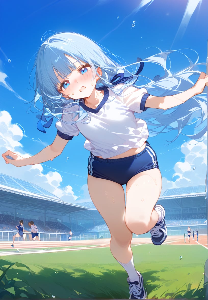 masterpiece, best quality, extremely detailed, (illustration, official art:1.1), 1 girl ,(((( light blue long hair)))), ,(((( light blue long hair)))),light blue hair, , long hair ((blush)) , cute face, masterpiece, best quality,(((((a very delicate and beautiful girl))))),Amazing,beautiful detailed eyes,blunt bangs,((((little delicate girl)))),(((tareme))),14yo,droopy eyes.(true beautiful:1.2), sense of depth,dynamic angle,,,(flat chest), (masterpiece, best quality),from below, 1girl,, (Bread in a bag) 、 ponytail,hair ribbon,gym uniform, dark blue buruma,sports shoes,socks,running, sweat, blue sky, school yard, solo, 1girl, BREAK (masterpiece, best quality,ultra-detailed:1.2) BREAK (white shirt:1.2), short sleeves, crop top, BREAK (blue buruma:1.3), short sleeves school gym uniform, sneakers,,(track and field),((blue buruma)),(socks,shoes),(track),(athletic field), masterpiece, high quality, highly detailed,(full body shot:1.2), 
