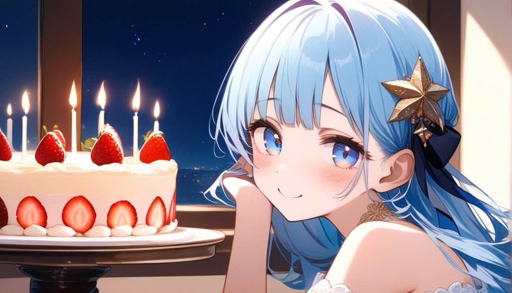 masterpiece, best quality, extremely detailed, (illustration, official art:1.1), 1 girl ,(((( light blue long hair)))), ,(((( light blue long hair)))),light blue hair, , long hair ((blush)) , cute face, masterpiece, best quality,(((((a very delicate and beautiful girl))))),Amazing,beautiful detailed eyes,blunt bangs((((little delicate girl)))),(((tareme))),droopy eyes.(true beautiful:1.2), sense of depth,dynamic angle,,,, affectionate smile, (true beautiful:1.2),,(tiny 1girl model:1.2),)(flat chest),1Young girl,,Off-shoulder dress,Navel,Round Table,Birthday Cake,Make a Wish,night,Beautiful red light,Candle
