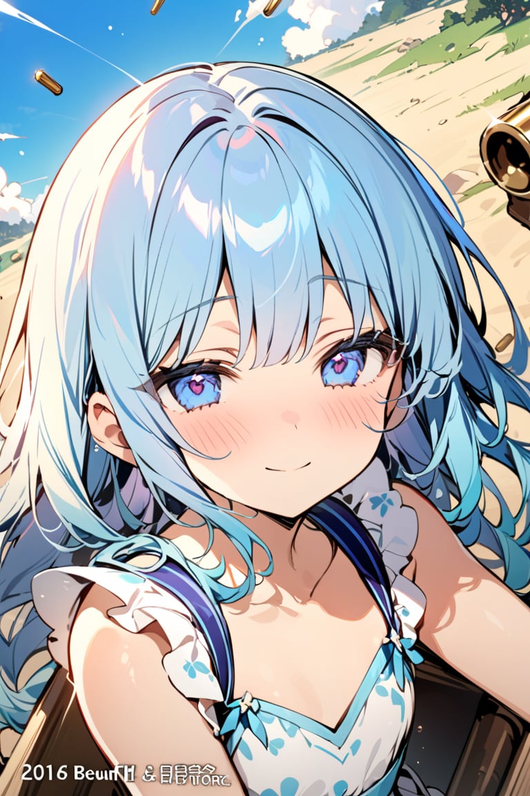 masterpiece, best quality, extremely detailed, (illustration, official art:1.1), 1 girl ,(((( light blue long hair)))), ,(((( light blue long hair)))),light blue hair, , long hair ((blush)) , cute face, masterpiece, best quality,(((((a very delicate and beautiful girl))))),Amazing,beautiful detailed eyes,blunt bangs((((little delicate girl)))),(((tareme))),droopy eyes.(true beautiful:1.2), sense of depth,dynamic angle,,,, affectionate smile, (true beautiful:1.2),,(tiny 1girl model:1.2),)(flat chest),masterpiece, top quality, best quality, official art, beautiful and aesthetic, 1girl,gatling gun, shell casing, looking at viewer, bangs, ammunition belt, gloves, ribbon, extreme detailed,highest detailed, optical mixing, playful patterns, lively texture, unique visual effect,,((girl with a machine gun)), Posing with sexual overtones, Battlefield Background,
