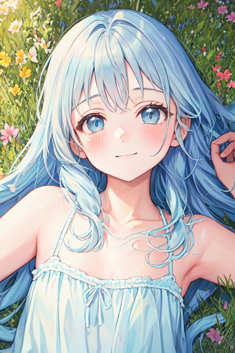 masterpiece, best quality, extremely detailed, (illustration, official art:1.1), 1 girl ,(((( light blue long hair)))), ,(((( light blue long hair)))),light blue hair, , long hair ((blush)) , cute face, big eyes, masterpiece, best quality,(((((a very delicate and beautiful girl))))),Amazing,beautiful detailed eyes,blunt bangs((((little delicate girl)))),tareme(true beautiful:1.2), sense of depth,dynamic angle,,,, affectionate smile, (true beautiful:1.2),,(tiny 1girl model:1.2),)(flat chest) ,Describe a scene where a cute girl character is lying on a grassy hill, Looking up at the starry sky. Surround her with colorful nebulae and her favorite constellations., pastel tone, fluffy style, cute pose