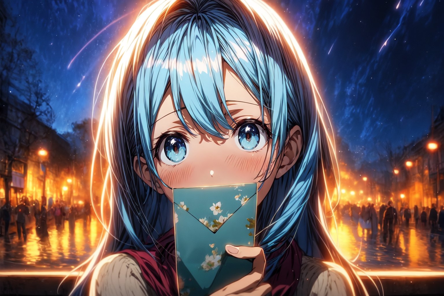 Masterpiece, best quality, extremely detailed, (illustration, official art: 1.1), 1 girl, ((light blue hair))), long hair, 10 years old, ((blush)), cute face, big eyes, masterpiece, best quality, ((a very delicate and beautiful girl)))), amazing, beautiful detailed eyes, blunt bangs (((little delicate girl)))), tareme (true beautiful: 1.2),(((look away,love letter))), small breasts,single girl, Anime scene of a woman standing on a balcony and looking at the city, anime movie, cherry blossom in full bloom, Gentle light, Night view,anime girllooking at the stars in the sky,Makoto Shinkai Cyril Rolando,your name movie style,Your name,Cosmos Sky。Written by Makoto Shinkai, Anime wallpapers 4 k, anime wallpaper 4k, Anime art wallpaper 8 K, Anime art wallpaper 4 K, anime art wallpaper 4k, Shinkai sincerely！, 4k anime wallpaper, panoramic centered view of girl, , Melancholic girl holding a love letter,、cinematic Film still from、
