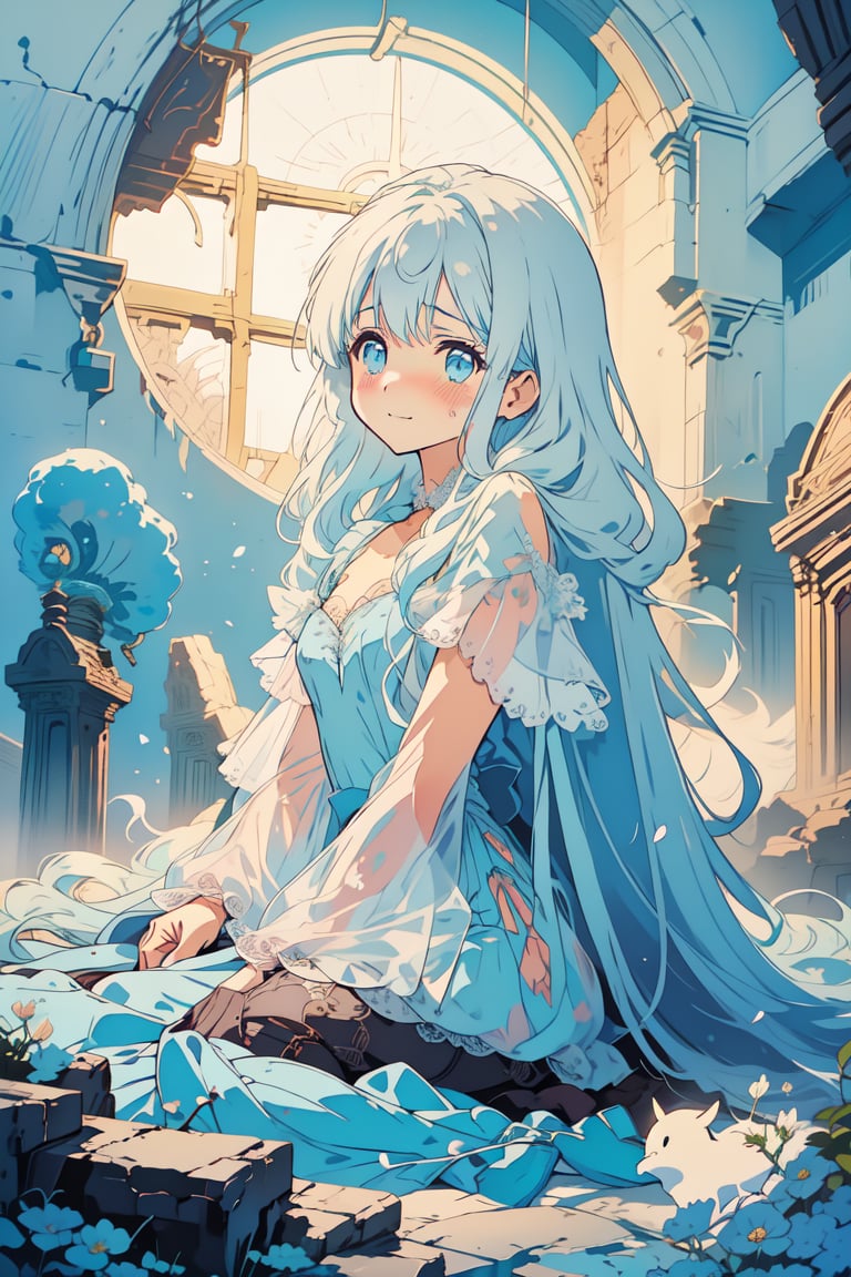 masterpiece, best quality, extremely detailed, (illustration, official art:1.1), 1 girl ,(((( light blue long hair)))), ,(((( light blue long hair)))),light blue hair, , long hair ((blush)) , cute face, masterpiece, best quality,(((((a very delicate and beautiful girl))))),Amazing,beautiful detailed eyes,blunt bangs((((little delicate girl)))),(((tareme))),droopy eyes.(true beautiful:1.2), sense of depth,dynamic angle,,,, affectionate smile, (true beautiful:1.2),,(tiny 1girl model:1.2),)(flat chest),（only one person）,Broken church,Cemetery,heavy rain,dark clouds,(Battle damage),Wedding dress,Long hair,Ghost Bride,Dark and gloomy,night,Wilted flowers,Tears