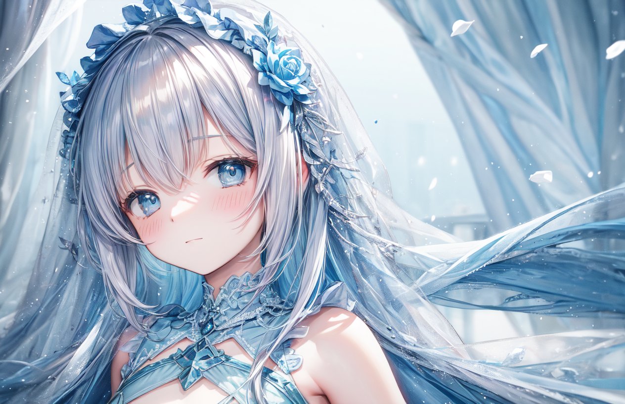 masterpiece, best quality, extremely detailed, (illustration, official art:1.1), 1 girl ,(((( light blue long hair)))), ,light blue hair, , long hair ((blush)) , cute face, masterpiece, best quality,(((((a very delicate and beautiful girl))))),Amazing,beautiful detailed eyes,blunt bangs((((little delicate girl)))),.(true beautiful), sense of depth,, ,(tiny 1girl model:1.2),)(flat chest),(adolescence girl),  (white detailed princess dress with many frills), (close eyes), (beautiful and detailed face),( freezer, the princess lies in a peaceful slumber. She is surrounded by ice crystals, ) sleeping beauty, (ice flower),Great aesthetics, fantasy theme, Ice petals falling,(snow,iceTheme)、,A world covered in silver, Cold winter feel, Sleeping、Face close-up、light sparkles、soft contrast、Cool color