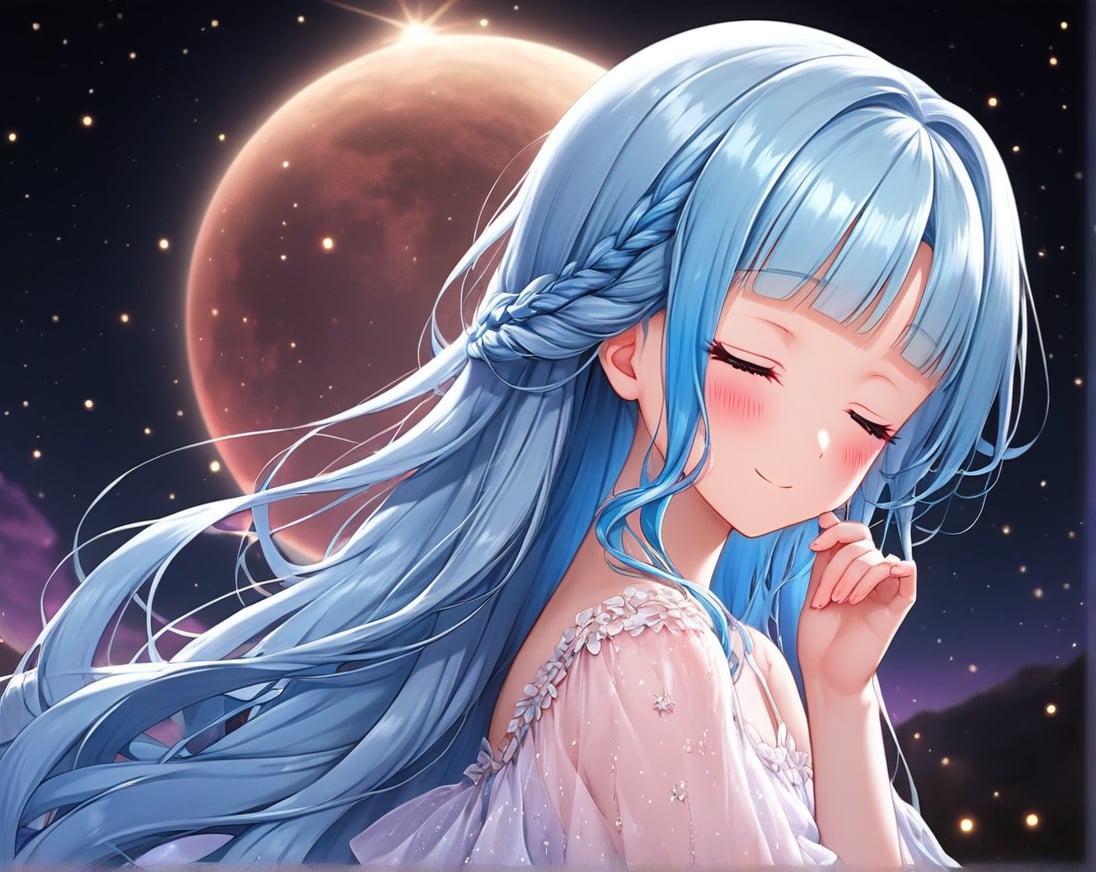 masterpiece, best quality, extremely detailed, (illustration, official art:1.1), 1 girl ,(((( light blue long hair)))), ,(((( light blue long hair)))),light blue hair, , long hair ((blush)) , cute face, big eyes, masterpiece, best quality,(((((a very delicate and beautiful girl))))),Amazing,beautiful detailed eyes,blunt bangs((((little delicate girl)))),tareme(true beautiful:1.2), sense of depth,dynamic angle,,,, affectionate smile, (true beautiful:1.2),,(tiny 1girl model:1.2),)(flat chest) ,A breathtaking scene unfolds as the moonlight casts a luminous glow on a deserted beach, painting the sky with a tapestry of twinkling stars. At the center of this ethereal moment, A young woman with long hair cascades sits in deep meditation. Its tranquil presence evokes a sense of inner peace and serenity amidst the vastness of the empty coast. The girl's silhouette stands out against the backdrop of darkness, his serene expression bathed in soft moonlight. Long pink tentacles of cascade down the back, intertwined with the gentle sea breeze that caresses his face. Your closed eyes indicate a deep connection to the universe, as if his own thoughts harmonized with the whispers of the ocean waves.((big moon )))