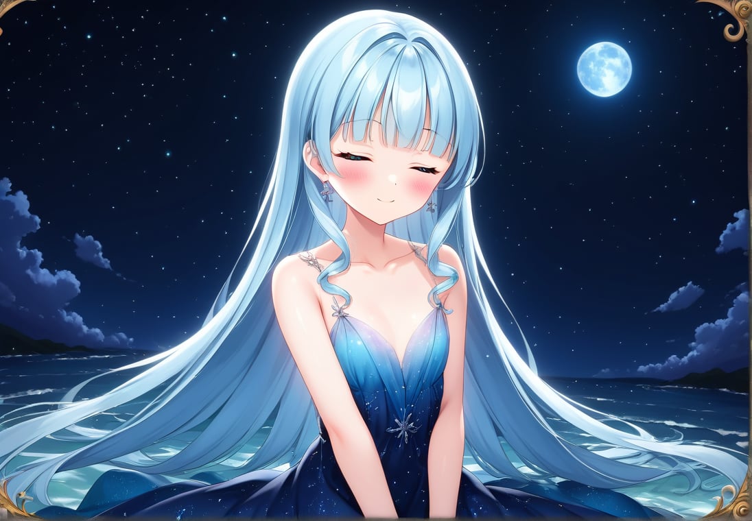 masterpiece, best quality, extremely detailed, (illustration, official art:1.1), 1 girl ,(((( light blue long hair)))), ,(((( light blue long hair)))),light blue hair, , long hair ((blush)) , cute face, big eyes, masterpiece, best quality,(((((a very delicate and beautiful girl))))),Amazing,beautiful detailed eyes,blunt bangs((((little delicate girl)))),tareme(true beautiful:1.2), sense of depth,dynamic angle,,,, affectionate smile, (true beautiful:1.2),,(tiny 1girl model:1.2),)(flat chest) ,A breathtaking scene unfolds as the moonlight casts a luminous glow on a deserted beach, painting the sky with a tapestry of twinkling stars. At the center of this ethereal moment, A young woman with long hair cascades sits in deep meditation. Its tranquil presence evokes a sense of inner peace and serenity amidst the vastness of the empty coast. The girl's silhouette stands out against the backdrop of darkness, his serene expression bathed in soft moonlight. Long pink tentacles of cascade down the back, intertwined with the gentle sea breeze that caresses his face. Your closed eyes indicate a deep connection to the universe, as if his own thoughts harmonized with the whispers of the ocean waves.((big moon )))