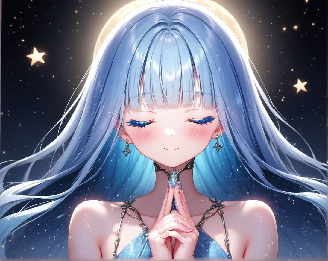 masterpiece, best quality, extremely detailed, (illustration, official art:1.1), 1 girl ,(((( light blue long hair)))), ,(((( light blue long hair)))),light blue hair, , long hair ((blush)) , cute face, big eyes, masterpiece, best quality,(((((a very delicate and beautiful girl))))),Amazing,beautiful detailed eyes,blunt bangs((((little delicate girl)))),tareme(true beautiful:1.2), sense of depth,dynamic angle,,,, affectionate smile, (true beautiful:1.2),,(tiny 1girl model:1.2),)(flat chest) ,A breathtaking scene unfolds as the moonlight casts a luminous glow on a deserted beach, painting the sky with a tapestry of twinkling stars. At the center of this ethereal moment, A young woman with long hair cascades sits in deep meditation. Its tranquil presence evokes a sense of inner peace and serenity amidst the vastness of the empty coast. The girl's silhouette stands out against the backdrop of darkness, his serene expression bathed in soft moonlight. Long pink tentacles of cascade down the back, intertwined with the gentle sea breeze that caresses his face. Your closed eyes indicate a deep connection to the universe, as if his own thoughts harmonized with the whispers of the ocean waves.((big moon )))