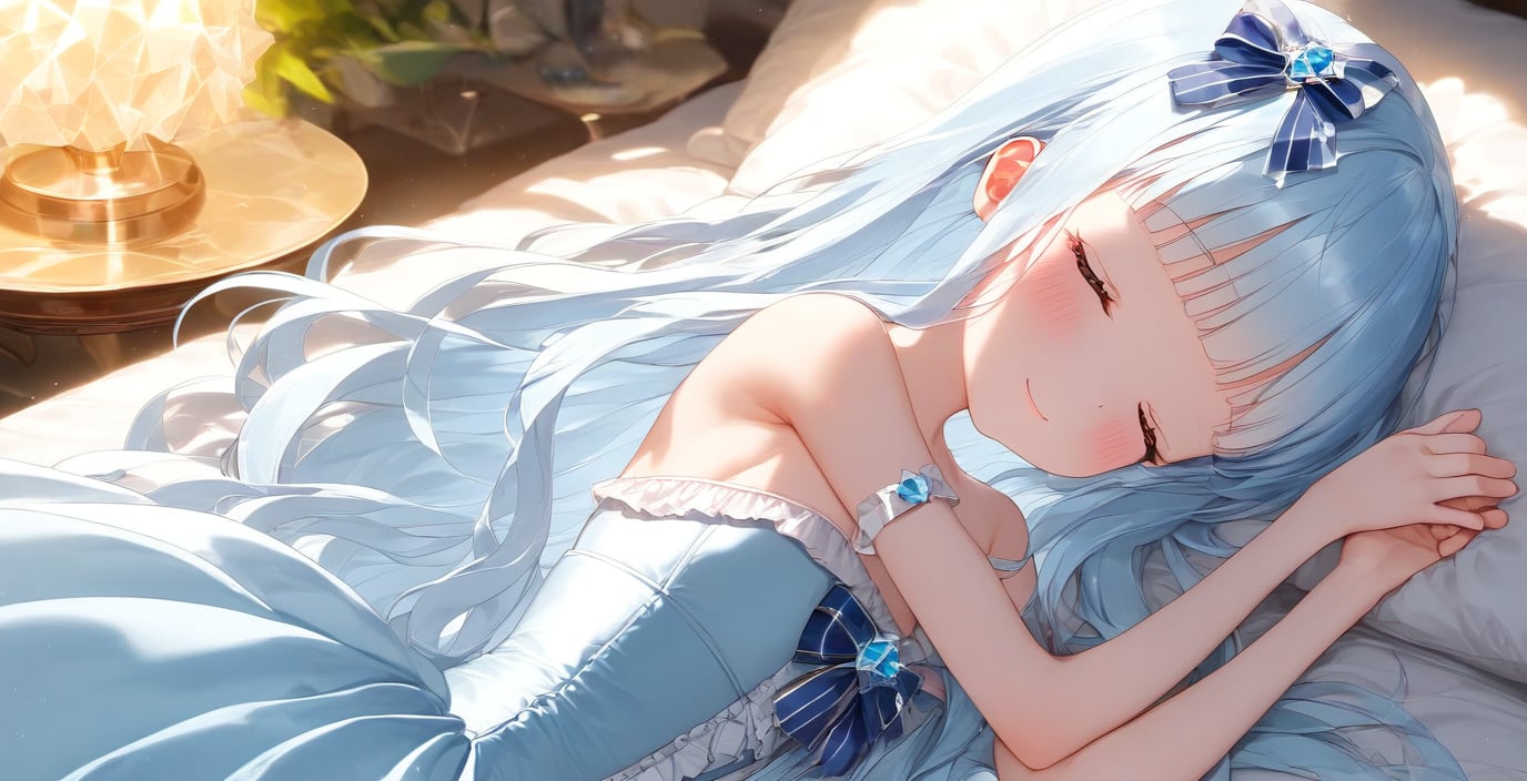 masterpiece, best quality, extremely detailed, (illustration, official art:1.1), 1 girl ,(((( light blue long hair)))), ,(((( light blue long hair)))),light blue hair, , long hair ((blush)) , cute face, masterpiece, best quality,(((((a very delicate and beautiful girl))))),Amazing,beautiful detailed eyes,blunt bangs((((little delicate girl)))),(((tareme))),droopy eyes.(true beautiful:1.2), sense of depth,dynamic angle,,,, affectionate smile, (true beautiful:1.2),,(tiny 1girl model:1.2),)(flat chest),(adolescence girl), (loli, petite), (white detailed princess dress with many frills), (close her eyes), (beautiful and detailed face), nice hands, perfect hands, (the princess lies in a peaceful slumber. She is surrounded by ice crystals, .),(((Are sleeping,)))