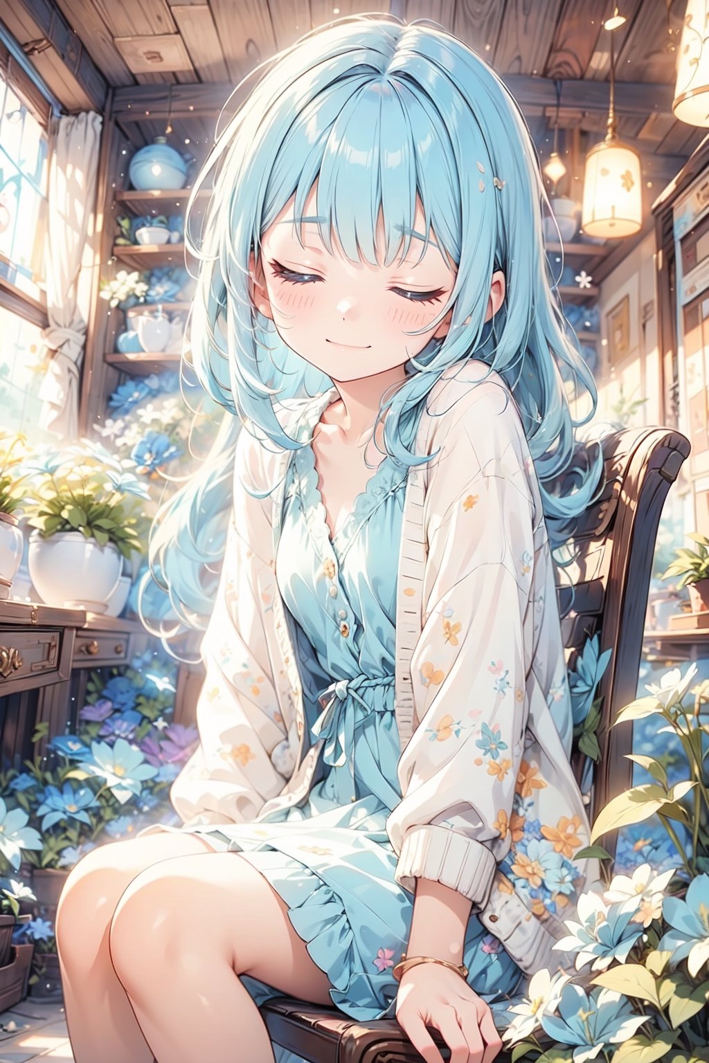masterpiece, best quality, extremely detailed, (illustration, official art:1.1), 1 girl ,(((( light blue long hair)))), light blue hair, ,10 years old, long hair ((blush)) , cute face, big eyes, masterpiece, best quality,(((((a very delicate and beautiful girl))))),Amazing,beautiful detailed eyes,blunt bangs((((little delicate girl)))),tareme(true beautiful:1.2), sense of depth,dynamic angle,,,, affectionate smile, (true beautiful:1.2),,(tiny 1girl model:1.2),)(flat chest)),(Master photography:1.4),(Beautiful and delicate girl:1.2),green light, tranquil, no lineart, Maya Hotel, abandoned room, big windows, leaves are falling, 1gitl sitting on wooden chair, light blue hair and white dress, closed eyes,(sitting with one knee up:1.1), cardigan, luminous glow, mystic atmosphere, depth of field, dynamic angle, light particle effect, light leaks, aerial effect, blue flowers,look into viewers, look into viewers,(sitting with one knee up:1.1), cardigan, luminous glow, mystic atmosphere, depth of field, dynamic angle, light particle effect, light leaks, aerial effect, blue flowers,look into viewers, look into viewers ,ASU1,light
