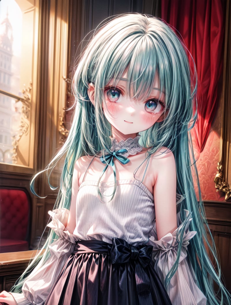 masterpiece, best quality, extremely detailed, (illustration, official art:1.1), 1 girl ,(((( light blue long hair)))), ,(((( light blue long hair)))),light blue hair , , long hair ((blush)) , cute face, big eyes, masterpiece, best quality,(((((a very delicate and beautiful girl))))),Amazing,beautiful detailed eyes,blunt bangs(((( little delicate girl)))),tareme(true beautiful:1.2), sense of depth,dynamic angle,,,, affectionate smile, (true beautiful:1.2),,(tiny 1girl model:1.2),)(flat chest) ,masterpiece, absurdres, best quality, ultra detailed, high Resolution, detailed illustration, extremely beautiful detailed face and eyes, bright colour, 1girl, (loli), cute face, Delicate beautiful face, magenta eyes, cute eyes, sparkling eyes, big eyes,white skin, smile, BREAK,BREAK off shoulder sweater, long skirt, tiny ribbon, restaurant, (((eating Nut tart, )))almond, real world, natural lights, perfect lighting,