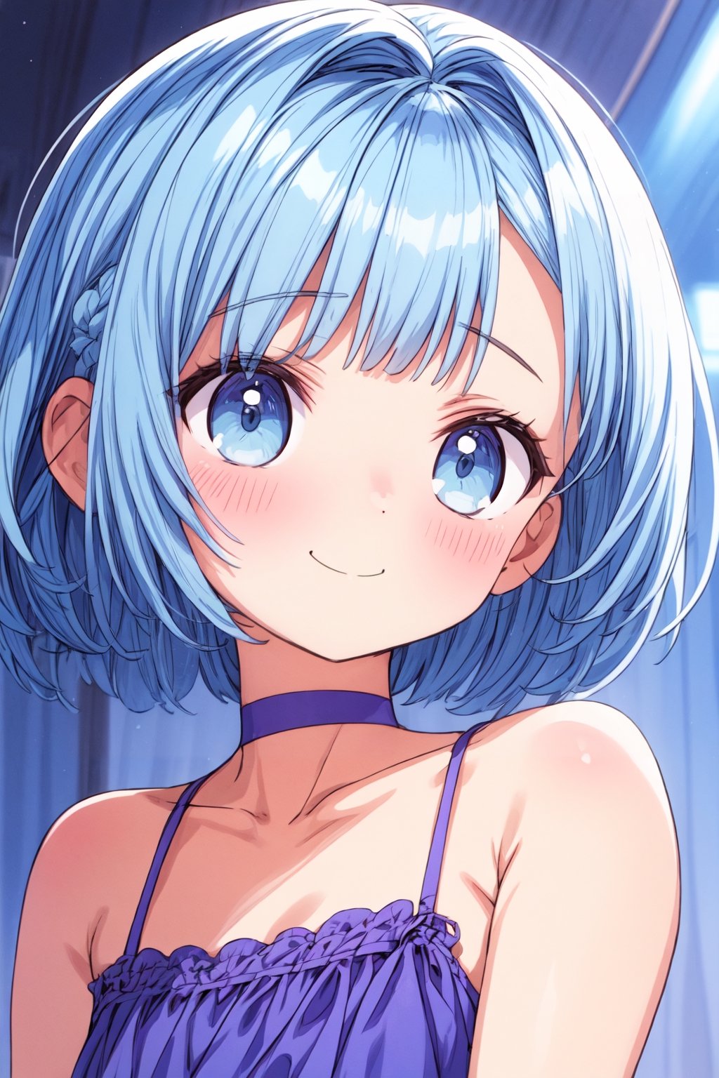 Masterpiece, best quality, extremely detailed, (illustration, official art: 1.1), 1 girl, ((light blue hair))), light blue hair, 10 years old,  ((blush)), cute face, big eyes, masterpiece, best quality, ((a very delicate and beautiful girl)))), amazing, beautiful detailed eyes, blunt bangs (((little delicate girl)))), tareme (true beautiful: 1.2),Official art、Top quality ultra-detailed CG art、a beauty girl：１.２）、lightblue hair、Glossy hair、smooth hair、large blue eyes、kawaii、bob cuts、Pink choker,ssmile、simple,camisole, (licking candy:1.2), ,