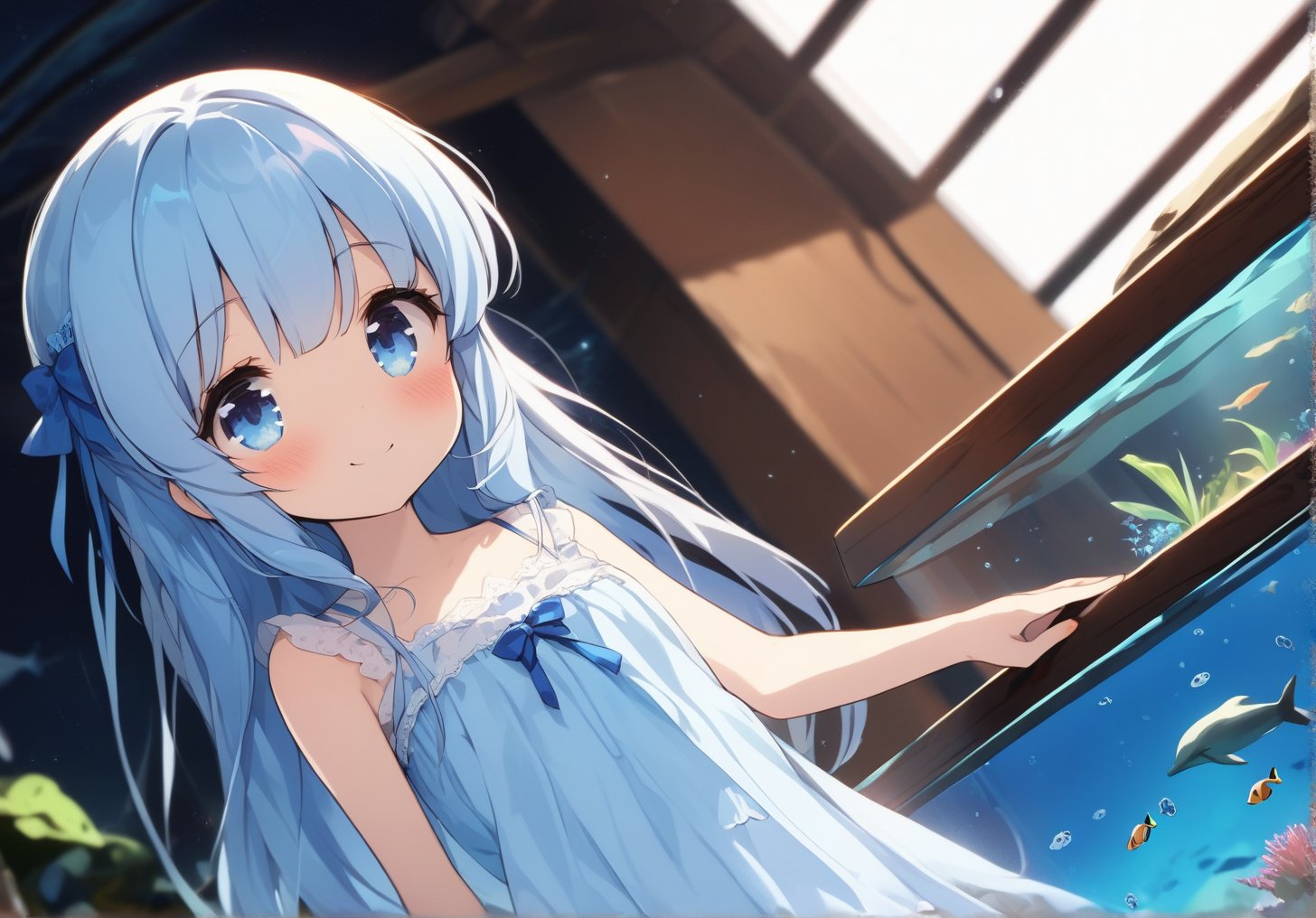 masterpiece, best quality, extremely detailed, (illustration, official art:1.1), 1 girl ,(((( light blue long hair)))), ,(((( light blue long hair)))),light blue hair, , long hair ((blush)) , cute face, big eyes, masterpiece, best quality,(((((a very delicate and beautiful girl))))),Amazing,beautiful detailed eyes,blunt bangs((((little delicate girl)))),tareme(true beautiful:1.2), sense of depth,dynamic angle,,,, affectionate smile, (true beautiful:1.2),,(tiny 1girl model:1.2),)(flat chest),aquarium、A girl standing in front of a huge aquarium、Large single glass aquarium、Dimly lit interior、Quiet atmosphere、Girl looking up at a fish tank、There is a girl in the center、Angle of view from the rear、A tank much taller than the girl、Dolphin tank、A very wide aquarium,smile