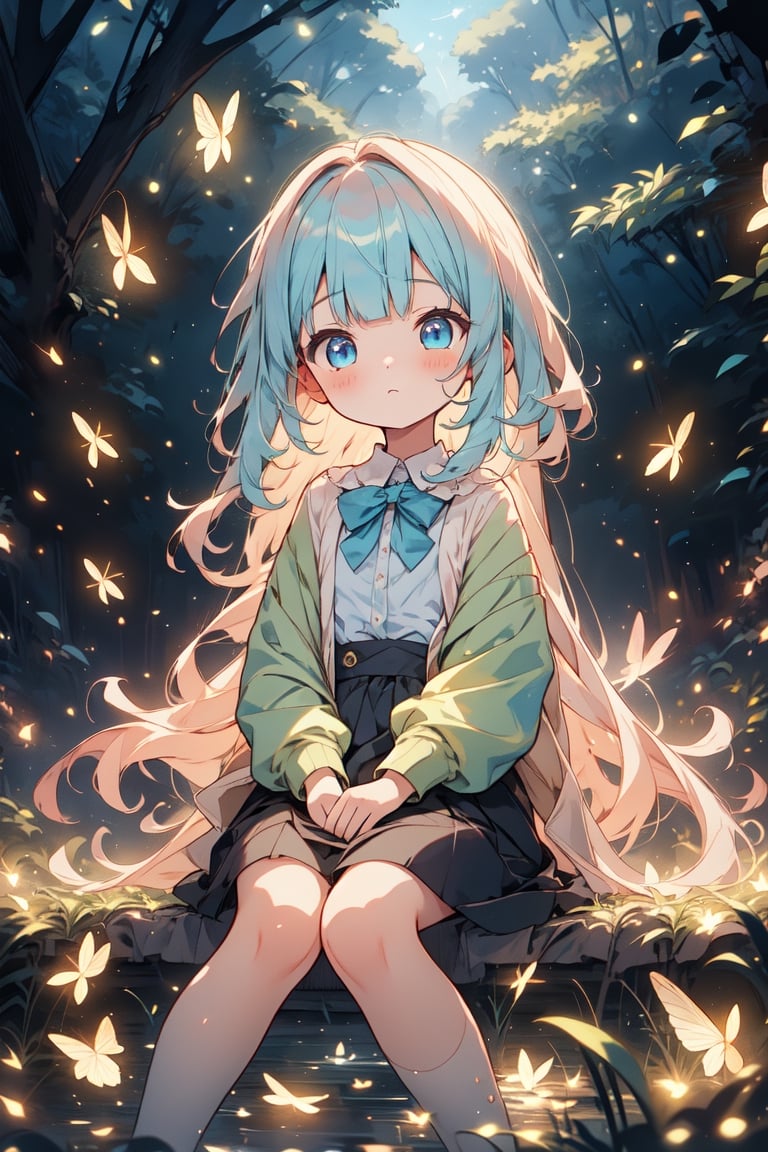 Masterpiece, best quality, extremely detailed, (illustration, official art: 1.1), (((((1 girl))))), ((light blue long hair))), light blue hair, 10 years old,  ((blush)), cute face, big eyes, tareme, masterpiece, best quality, ((a very delicate and beautiful girl)))), , loli girl,amazing, beautiful detailed eyes, blunt bangs (((little delicate girl)))), tareme (true beautiful: 1.2),, petite and sweet,(Composition looking up from a low position)、,1girl,,

Abandoned School, clear color, beautiful photo, watercolor,
(solo cute loli girl:1.3), (tilt head:1.2), clear blue eyes, (:o:0.7), (sitting with one knee up:1.1), cardigan, luminous glow, mystic atmosphere, depth of field, dynamic angle, light particle effect, light leaks, aerial effect, blue flowers,look into viewers, look into viewers,score_9,firefliesfireflies