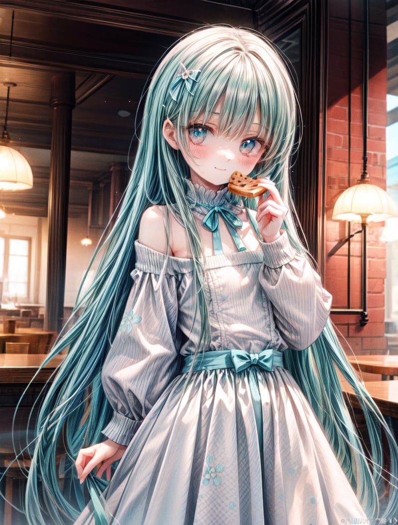 masterpiece, best quality, extremely detailed, (illustration, official art:1.1), 1 girl ,(((( light blue long hair)))), ,(((( light blue long hair)))),light blue hair , , long hair ((blush)) , cute face, big eyes, masterpiece, best quality,(((((a very delicate and beautiful girl))))),Amazing,beautiful detailed eyes,blunt bangs(((( little delicate girl)))),tareme(true beautiful:1.2), sense of depth,dynamic angle,,,, affectionate smile, (true beautiful:1.2),,(tiny 1girl model:1.2),)(flat chest) ,masterpiece, absurdres, best quality, ultra detailed, high Resolution, detailed illustration, extremely beautiful detailed face and eyes, bright colour, 1girl, (loli), cute face, Delicate beautiful face, magenta eyes, cute eyes, sparkling eyes, big eyes,white skin, smile, BREAK,BREAK off shoulder sweater, long skirt, tiny ribbon, restaurant, (((eating Nut tart, )))almond, real world, natural lights, perfect lighting,