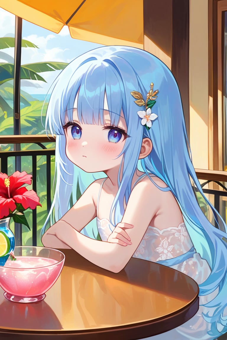 masterpiece, best quality, extremely detailed, (illustration, official art:1.1), 1 girl ,(((( light blue long hair)))), ,light blue hair, , long hair ((blush)) , cute face, masterpiece, best quality,(((((a very delicate and beautiful girl))))),Amazing,beautiful detailed eyes,blunt bangs((((little delicate girl)))),.(true beautiful), sense of depth,, ,(tiny 1girl model:1.2),)(flat chest),Masterpiece, highest quality, high resolution background, bright and beautiful atmosphere, (hair, surface effects), , cute tropical clothes, tropical style A girl relaxing on a hotel balcony, a stylish drink on a round table, mini pigs hanging on the balcony, hibiscus
