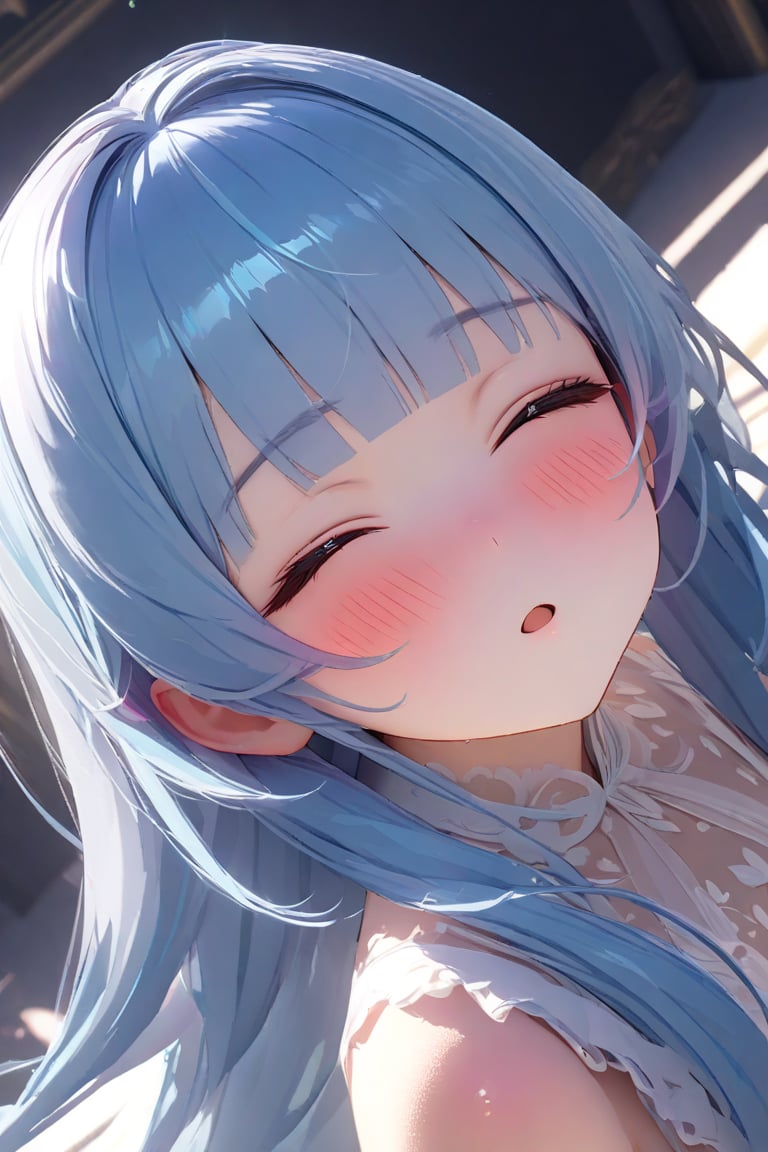 masterpiece, best quality, extremely detailed, (illustration, official art:1.1), 1 girl ,(((( light blue long hair)))), ,(((( light blue long hair)))),light blue hair, , long hair ((blush)) , cute face, masterpiece, best quality,(((((a very delicate and beautiful girl))))),Amazing,blunt bangs((((little delicate girl)))),(true beautiful:1.2), sense of depth,dynamic angle,,,, (true beautiful:1.2),,(tiny 1girl model:1.2),)(flat chest), (unity 8k wallpaper:1.0),(best quality:1.0),(illustration:1.0),(100 layer:1.0),(awesome amazing detailed:1.0),(chroma:1.8),(sharp:1.0),(3D:0.3),(realistic:0.1),
(beautiful and majestic:1.3),focus lips,(looking at viewer,looking up:1.3),(closed eyes:1.15),(stick lips out to viewer:1.5),(happy:1.3),(blush:1.5)(closeup to viewer:1.2),
(masterpiece:1.0),solo,