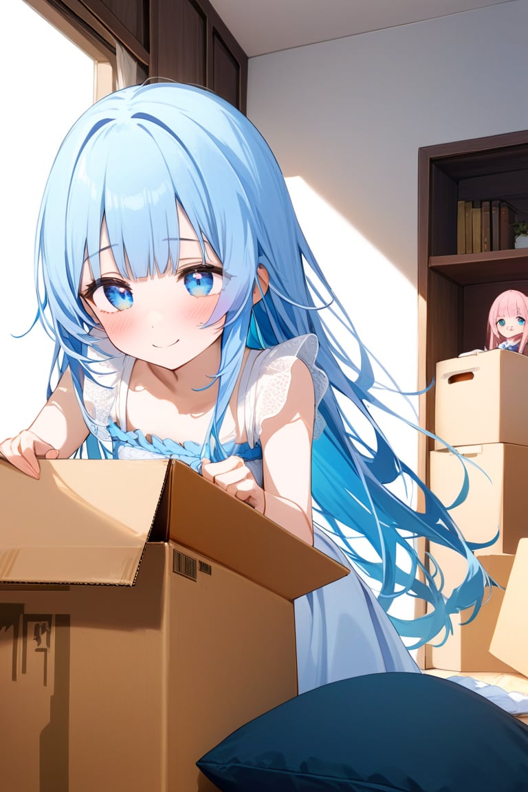 masterpiece, best quality, extremely detailed, (illustration, official art:1.1), 1 girl ,(((( light blue long hair)))), ,(((( light blue long hair)))),light blue hair, , long hair ((blush)) , cute face, masterpiece, best quality,(((((a very delicate and beautiful girl))))),Amazing,beautiful detailed eyes,blunt bangs((((little delicate girl)))),(((tareme))),Close your eyes and laugh.(true beautiful:1.2), sense of depth,dynamic angle,,,, affectionate smile, (true beautiful:1.2),,(tiny 1girl model:1.2),)(flat chest),bend at the waist、Movers、Trying to lift a cardboard box off the floor、Pink haired woman、blue eyes,moving,room,tidying up,cardboard,, she looks excited about living in her new room. smile girl
