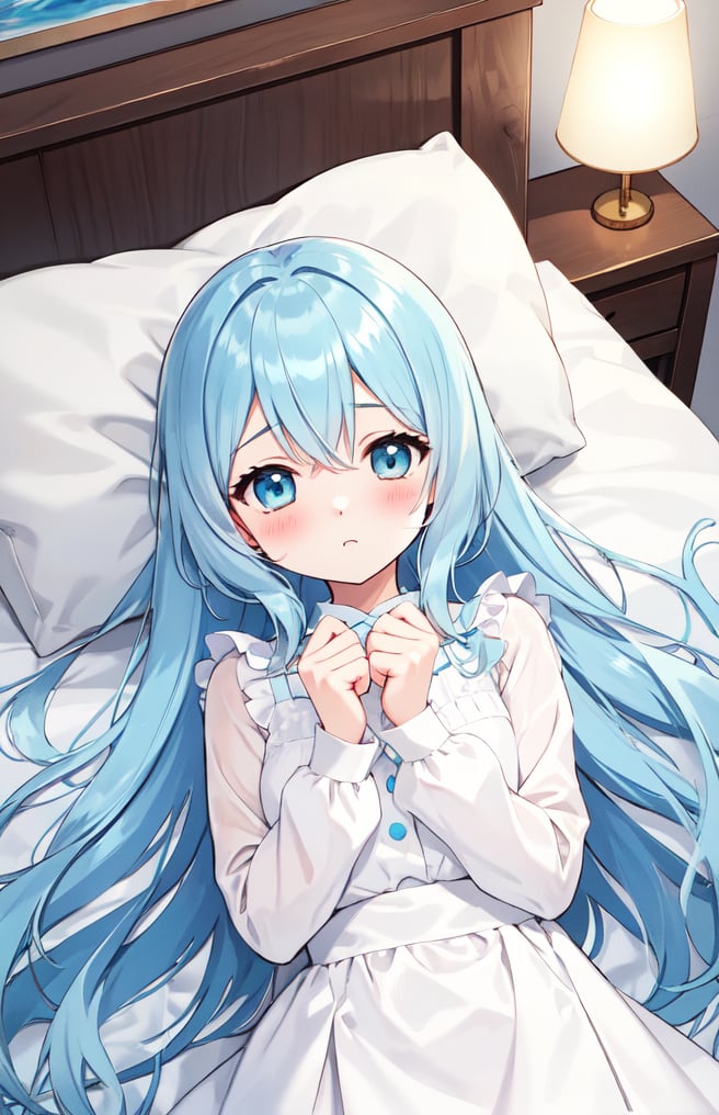 solo,, masterpiece, best quality, extremely detailed, (illustration, official art:1.1), 1 girl ,(((( light blue long hair)))), ,(((( light blue long hair)))),light blue hair, , long hair ((blush)) , cute face, big eyes,One girl, fluffy、Loose、A heartwarming world、masterpiece, Highest quality,Super detailed, One girl, From above,Little,,Sleep,,Animal costumes,Sleeping on the bed、pastel colour、cute、
