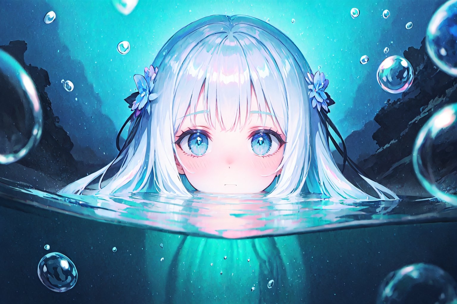 Masterpiece, best quality, extremely detailed, (illustration, official art: 1.1), (((((1 girl))))), ((light blue long hair))), light blue hair, 10 years old,  ((blush)), cute face, big eyes, masterpiece, best quality, ((a very delicate and beautiful girl)))), amazing, beautiful detailed eyes, blunt bangs (((little delicate girl)))), tareme (true beautiful: 1.2),
,Bubble, under the water
、An extremely close up portrait with low exposure inspired by the cover art of Wind of Change by MAXPVNK, of a light blue  haired girl facing the camera, her face submerged up to nose level in clean, still, glowing neon blue lent water, only her blue eyeballs visible shining brightly in focus beneath the glowing surface looking directly at the viewer, small delicate blue flowers decorating her hair, against a dark blurred background, intricate water ripples radiating from her nose, digital painting in highly detailed niji anime art style, --ar 1:1 --niji