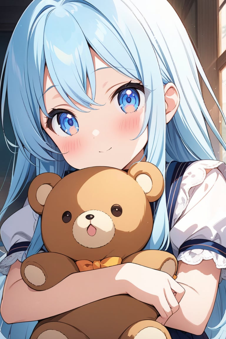 solo,, masterpiece, best quality, extremely detailed, (illustration, official art:1.1), 1 girl ,(((( light blue long hair)))), ,(((( light blue long hair)))),light blue hair, , long hair ((blush)) , cute face, big eyes, (best quality, masterpiece, highres), Long-haired anime girl holding teddy bear in her arms, Cute anime girl, Anime Girl with Long Hair, Cute Anime, Anime visuals of cute girls, Beautiful anime girl, an anime girl, young anime girl, soft anime illustration, Anime Girl, cute anime style, portrait of cute anime girlbabes, pretty anime girl, (Anime Girl), cute kawaii girl