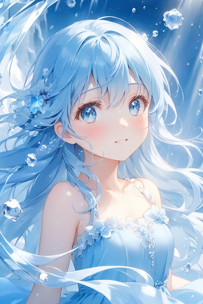 masterpiece, best quality, extremely detailed, (illustration, official art:1.1), 1 girl ,(((( light blue long hair)))), ,(((( light blue long hair)))),light blue hair, , long hair ((blush)) , cute face, masterpiece, best quality,(((((a very delicate and beautiful girl))))),Amazing,beautiful detailed eyes,blunt bangs((((little delicate girl)))),(((tareme))),droopy eyes.(true beautiful:1.2), sense of depth,dynamic angle,,,, affectionate smile, (true beautiful:1.2),,(tiny 1girl model:1.2),)(flat chest),masterpiece, best quality, 8K,,BREAK, a woman standing in the center of the scene with a gentle expression on her face against a torrent of light. She has ice blue hair and wears a light blue dress, and in her hand she holds a clear, delicate ice rose. This ice rose is in harmony with her pure presence, and a faint mist seems to be emanating from the rose. The surrounding torrent of light is dynamic and illuminates the girl's surroundings. Her smile is both gentle and serene, capturing the peace and beauty of this moment. The background is almost entirely blown white, with the light and the silhouette of the girl taking center stage
