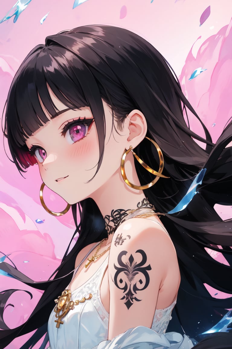 masterpiece, best quality, extremely detailed, (illustration, official art:1.1), 1 girl ,(((( black long hair)))), ,, long hair ((blush)) , cute face, big eyes, masterpiece, best quality,(((((a very delicate and beautiful girl))))),Amazing,beautiful detailed eyes,blunt bangs(((( little delicate girl)))),tareme(true beautiful:1.2), sense of depth,dynamic angle,,,, affectionate smile, (true beautiful:1.2),,(tiny 1girl model:1.2),)(flat chest) ,Rainbow , One Girl, alone, Long Hair, Big round sunglasses on your head, View your audience, Glowing Eyes Background, jewelry, Mouth closed, Happy, Jacket, Upper Body, Earrings,  necklace, From the side, sweater, lips, eyelash, Compensate, Wavy Hair, Earrings, cross, lipstick, ear Earrings, eye shadow, hoop Earrings, pink lips, Variegated eyes, Pink Theme, pink eye shadow, tattoo, Dark Background 