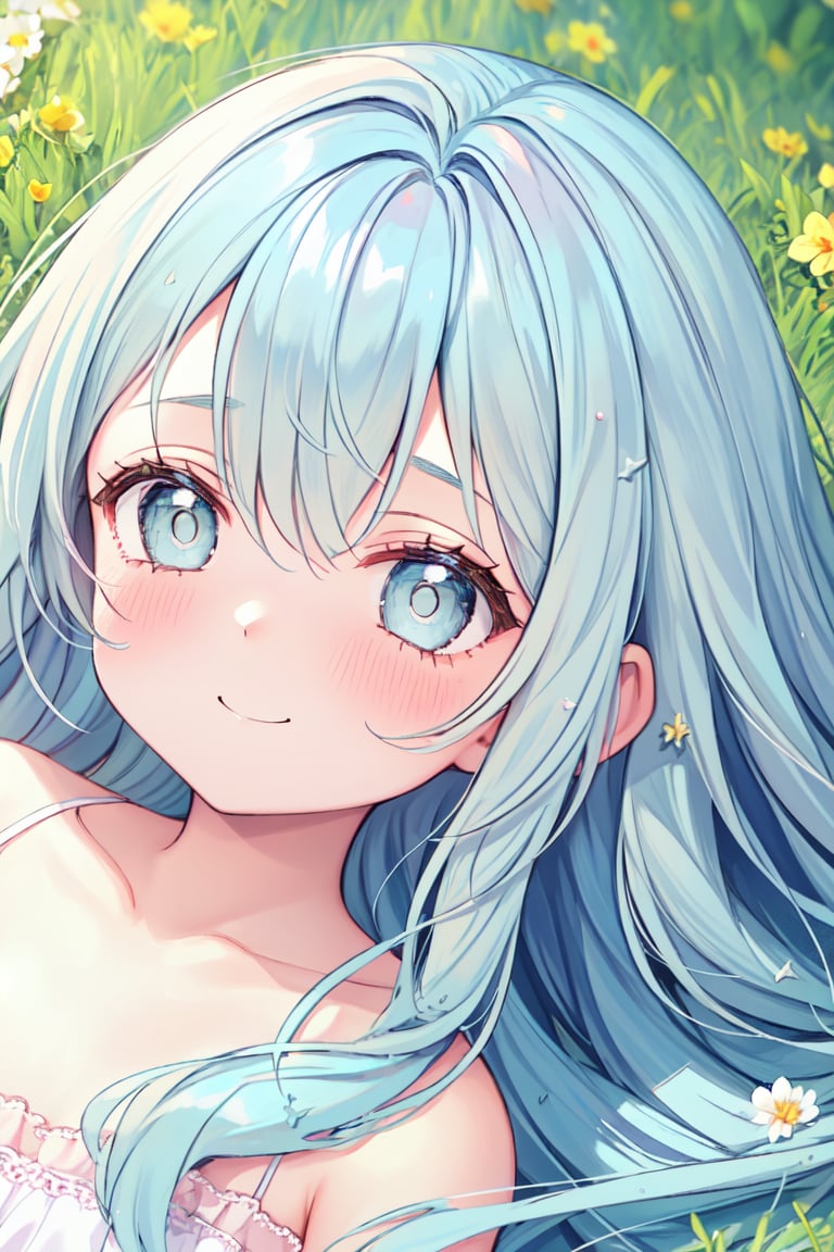 masterpiece, best quality, extremely detailed, (illustration, official art:1.1), 1 girl ,(((( light blue long hair)))), ,(((( light blue long hair)))),light blue hair, , long hair ((blush)) , cute face, big eyes, masterpiece, best quality,(((((a very delicate and beautiful girl))))),Amazing,beautiful detailed eyes,blunt bangs((((little delicate girl)))),tareme(true beautiful:1.2), sense of depth,dynamic angle,,,, affectionate smile, (true beautiful:1.2),,(tiny 1girl model:1.2),)(flat chest) ,Describe a scene where a cute girl character is lying on a grassy hill, Looking up at the starry sky. Surround her with colorful nebulae and her favorite constellations., pastel tone, fluffy style, cute pose