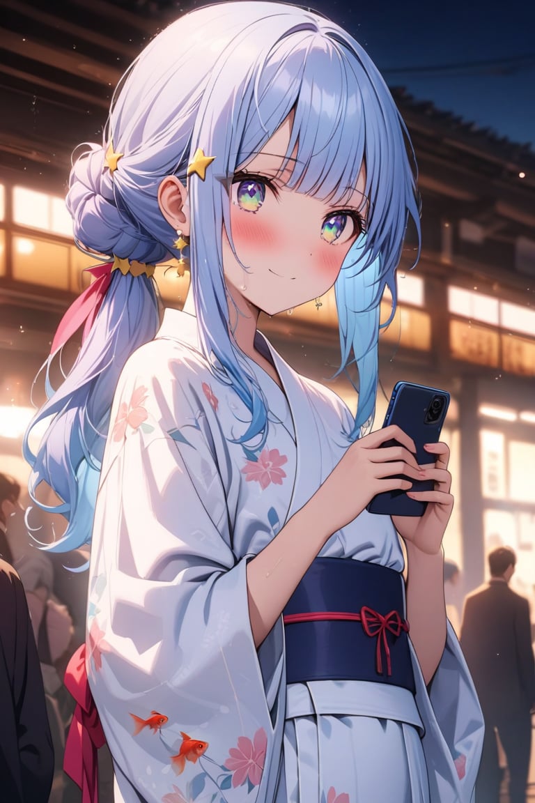 masterpiece, best quality, extremely detailed, (illustration, official art:1.1), 1 girl ,(((( light blue hair)))), ,(((( light blue long hair)))),light blue hair, ,((blush)) , cute face, big eyes, masterpiece, best quality,(((((a very delicate and beautiful girl))))),Amazing,beautiful detailed eyes,blunt bangs((((little delicate girl)))),(((tareme))),droopy eyes.(true beautiful:1.2), sense of depth,dynamic angle,,,, affectionate smile, (true beautiful:1.2),,(tiny 1girl model:1.2),)(flat chest),
1 lady, , long ponytail,   ((waiting, side view, boring)), cowboy shot、"A girl in a beautiful white yukata with goldfish patterns. The obi of the yukata is pink and adorned with shining pearl accessories.wet hair, tied hair,  kanzashi, star hair ornament,  musical note hair ornament, multicolored eyes, aqua eyes, gradient eyes, gradient_eyessolid circle eyes, crescent earrings,, , sparkle, 8k, super detail, UHD, accurate, masterpiece, anatomically correct, textured skin, super detail, high details, high quality, award winning, best quality, highres
,(((Excitement, tension, embarrassment))),, holding smartphone、Station front, clock、clutch one's hands together