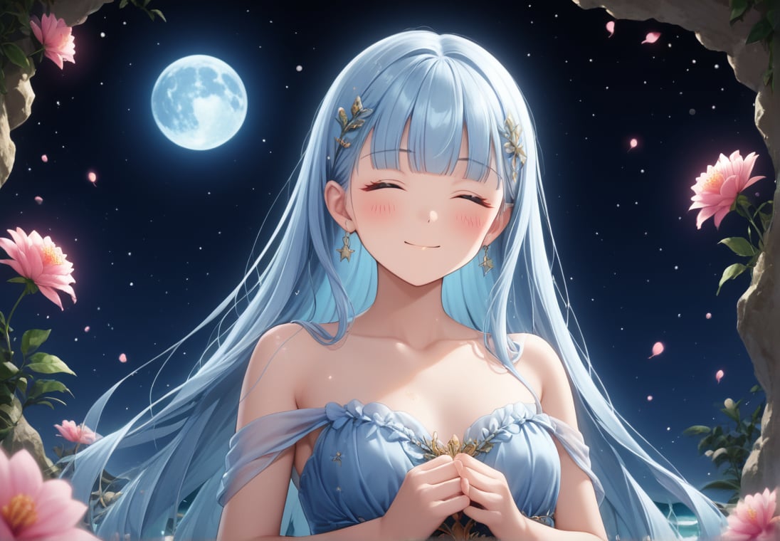 masterpiece, best quality, extremely detailed, (illustration, official art:1.1), 1 girl ,(((( light blue long hair)))), ,(((( light blue long hair)))),light blue hair, , long hair ((blush)) , cute face, big eyes, masterpiece, best quality,(((((a very delicate and beautiful girl))))),Amazing,beautiful detailed eyes,blunt bangs((((little delicate girl)))),tareme(true beautiful:1.2), sense of depth,dynamic angle,,,, affectionate smile, (true beautiful:1.2),,(tiny 1girl model:1.2),)(flat chest) ,A breathtaking scene unfolds as the moonlight casts a luminous glow on a deserted beach, painting the sky with a tapestry of twinkling stars. At the center of this ethereal moment, A young woman with long hair cascades sits in deep meditation. Its tranquil presence evokes a sense of inner peace and serenity amidst the vastness of the empty coast. The girl's silhouette stands out against the backdrop of darkness, his serene expression bathed in soft moonlight. Long pink tentacles of cascade down the back, intertwined with the gentle sea breeze that caresses his face. Your closed eyes indicate a deep connection to the universe, as if his own thoughts harmonized with the whispers of the ocean waves.((big moon )))