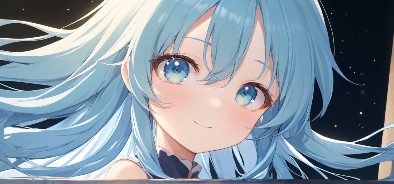 masterpiece, best quality, extremely detailed, (illustration, official art:1.1), 1 girl ,(((( light blue hair)))), ,(((( light blue long hair)))),light blue hair, ,((blush)) , cute face, big eyes, masterpiece, best quality,(((((a very delicate and beautiful girl))))),Amazing,beautiful detailed eyes,blunt bangs((((little delicate girl)))),(((tareme))),droopy eyes.(true beautiful:1.2), sense of depth,dynamic angle,,,, affectionate smile, (true beautiful:1.2),,(tiny 1girl model:1.2),)(flat chest),(masterpiece), (best quality), sharp focuse, (close up), illustration, (detailed hair, detailed face, detailed features structure), ((1 woman, solo)), perfect loli face,  ((green eyes,yellow eyes, beautiful shapes of eyes)), Casual clothing、black turtleneck outfit, (Gradient  background, Particle background: 1.3)highres,8k,official art, (((Gradient Eye)))