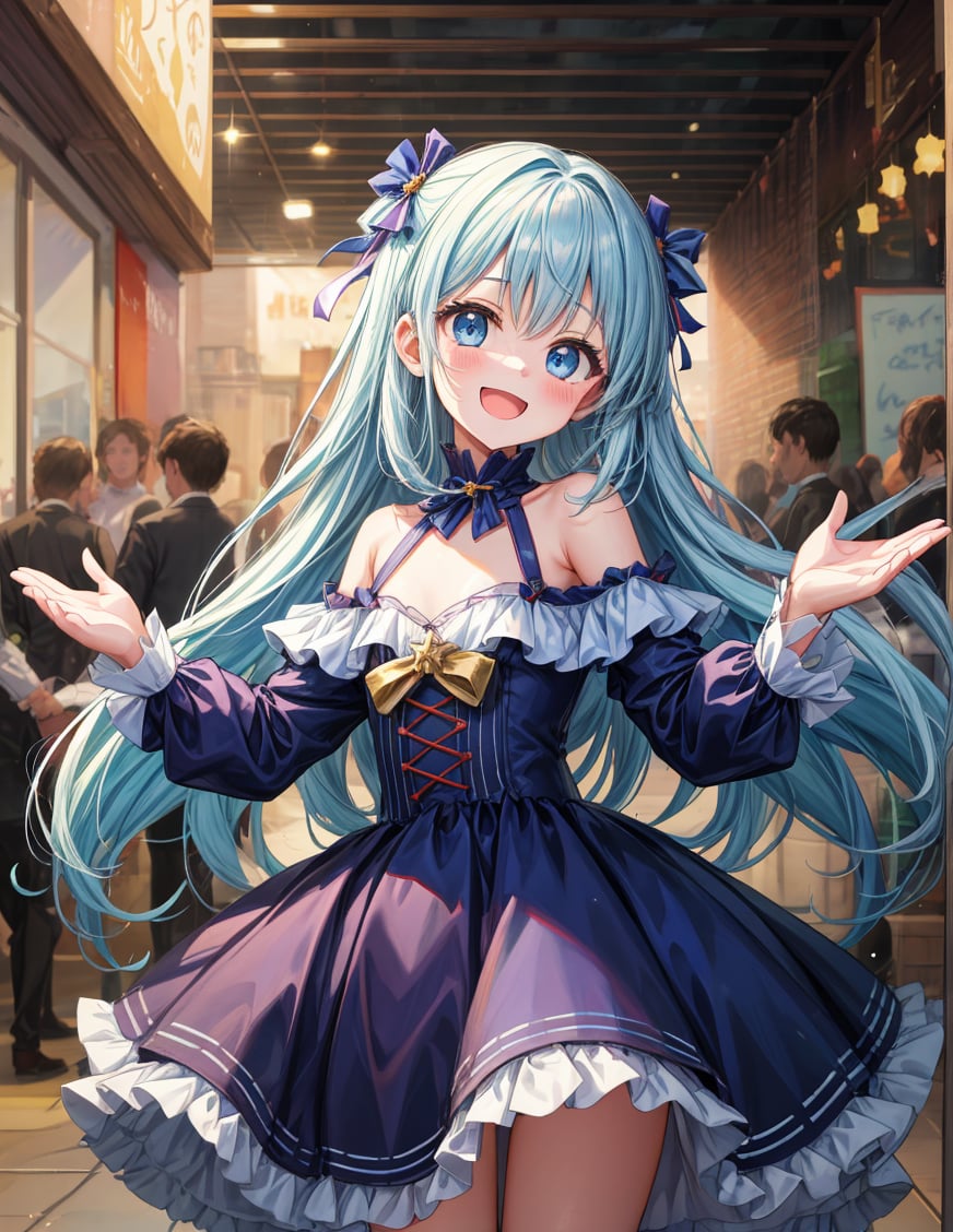 masterpiece, best quality, extremely detailed, (illustration, official art:1.1),adorable face、 1 girl ,(((( light blue long hair)))),pale blue hair,, long hair ((blush)) , cute face, big eyes, masterpiece, best quality,(((((a very delicate and beautiful girl))))),Amazing,beautiful detailed eyes,blunt bangs((((little delicate girl)))),tareme(true beautiful:1.2), sense of depth,dynamic angle,,,, affectionate smile, (true beautiful:1.2),,(tiny 1girl model:1.2),)(flat chest)、(8k, RAW photo, best quality, masterpiece, highres, absurdres, ultra detailed: 1.3), (Photography, realistic, photo-realistic: 1.4), (beautiful natural lighting,  beautiful detailed glow: 1.4),

BREAK 1 beautiful girl, (Cute: 1.5), (Chibi: 0.5), (kawaii: 2), (change: 2), , (Solo: 1.65), BREAK, (flat chest), Clear skin, , (, long eyelashes, Double eyelids: 1.4), Shiny skin, BREAK, , (curious look, blush: 1.45), ((((head tilt:1.2)))),(embarrassed),

BREAK

, (,cute blue cakes are placed on the table in front of the girl.)),
, (cowboy shot, ), (best quality, masterpiece, ultra high res), (smile:1.3), 1girl, happy birthday,her gaze full of genuine joy, party decorations in the background, sound of laughter and merriment filling the air, her figure framed by the festive atmosphere, a radiant smile that lights up her face, hint of joy and excitement in her stance, her eyes sparkling with happiness, the flowers in her hands a pop of color against her meid style, atmosphere of pure celebration and joy, her figure standing out amidst the celebration, the focus of everyone's well-wishes and blessings, an image of pure jubilation and celebration, a picture of the joyous side of life, welcoming the festive spirit with open arms, her radiance matching the cheerful atmosphere, her happy demeanor contagious, a beautiful moment of joy and celebration,
