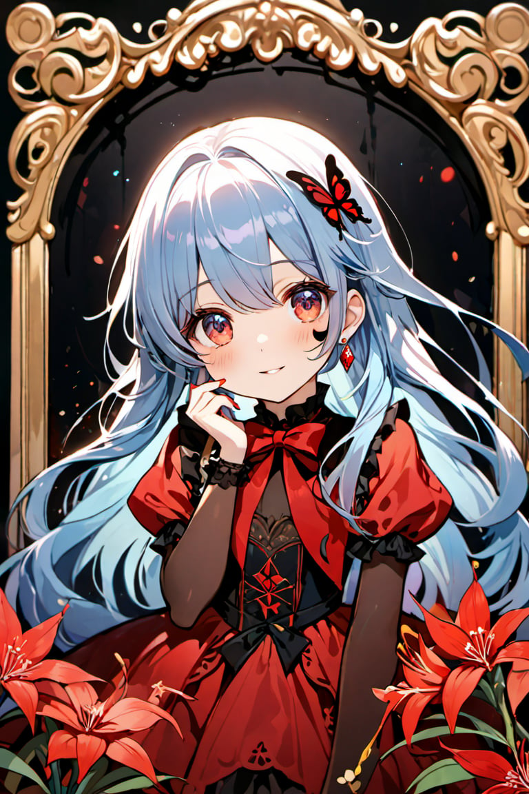 (illustration, official art:1.1), 1 girl ,(((( light blue long hair)))), ,(((( light blue long hair)))), ((blush)) , cute face, big eyes, masterpiece, best quality,(((((a very delicate and beautiful girl))))),((((little delicate girl)))),tareme, ,, affectionate smile, (true beautiful:1.2)(flat chest)、masterpiece, best quality, 1girl, solo, long hair, red eyes, jewelry, looking at viewer, red bow, butterfly, bow, smile, bug, dress, flower, hair between eyes, cross, picture frame, earrings, bangs, long sleeves, red nails, see-through, see-through sleeves, puffy sleeves, nail polish, parted lips, red dress, ,red cluster amaryllis, red bowtie, facial mark, , frills, bowtie, hand up,a gothic portrait, , with pale skin,  abstract art, inspired by Alphonse Mucha (masterpiece, best quality, high resolution:1.4), extremely detailed, intricate details, 4k, color splash, line art, fibonacci,(((cluster amaryllis)))
