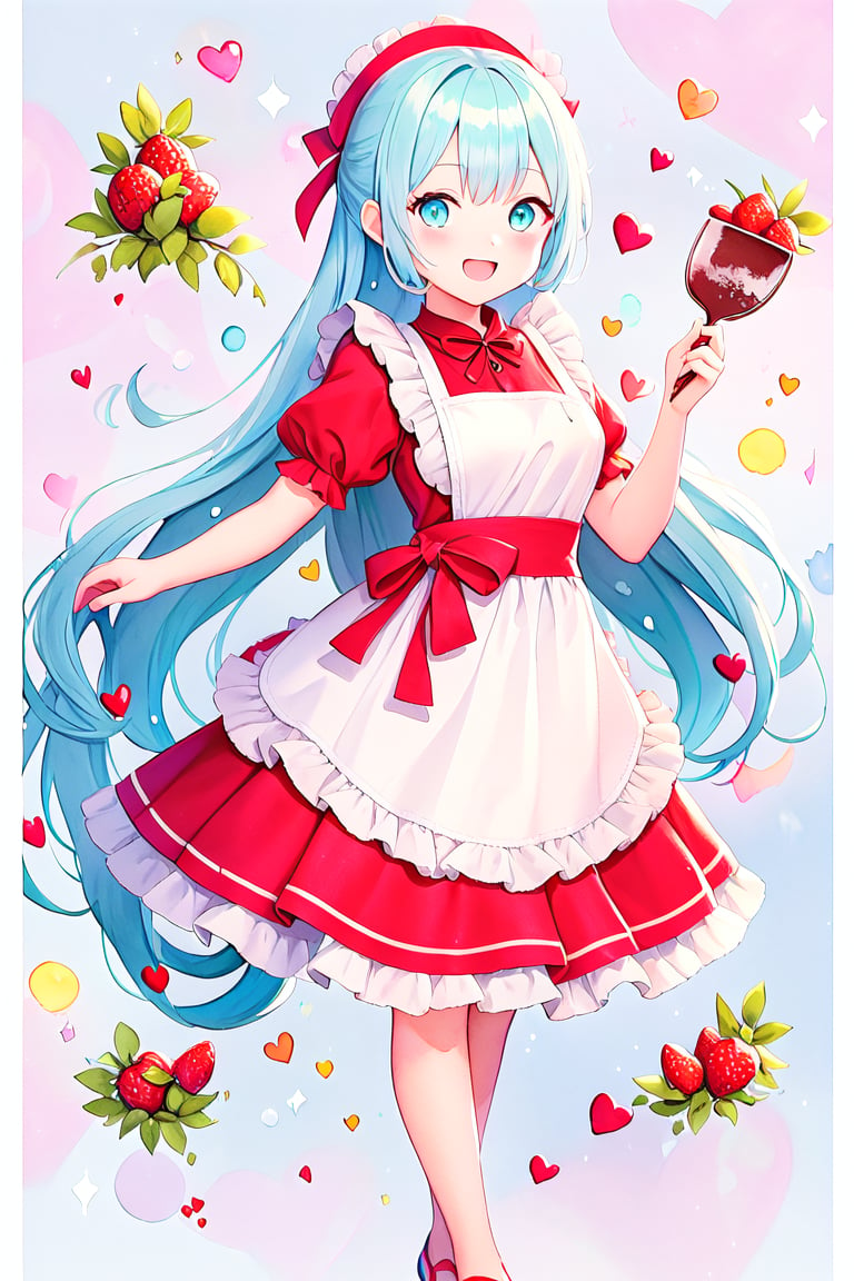 (((( light blue long hair)))),(Pastel colors: 1.3), (Cute illustration: 1.3), (Watercolor: 1.1), With background, One girl, Open mouth and smiling, Beautifully detailed, Hazy, Colorful, Marble, Light particles, Pattern, (Cute background: 1.3), (Very detailed fine touches: 1.3), ///, Short hair, (Full body: 1.3), Transparent watercolor, Girl, Jewel eyes, Beautiful arrangement and motif, Depth of the border is written, Anime art, 8K, Details, Valentine, Lots of chocolate, Stylish decoration illustration, Limited palette, Chocolate around the illustration, Handmade chocolate, Red ribbon, , Tying hair with red ribbon, Apron, Brown and red image, Love, Red eyes, Chocolate on face, Holding spatula, Holding bowl, Making chocolate, Valentine's chocolate, Red heart, Heart, Glitter, Love, Love, Kitchen, Upper body, Full body, Cute apron, Chocolate on strawberry,stunning flowers, juicy berries, lush ferns, vibrant leaves, serene watercolor pattern